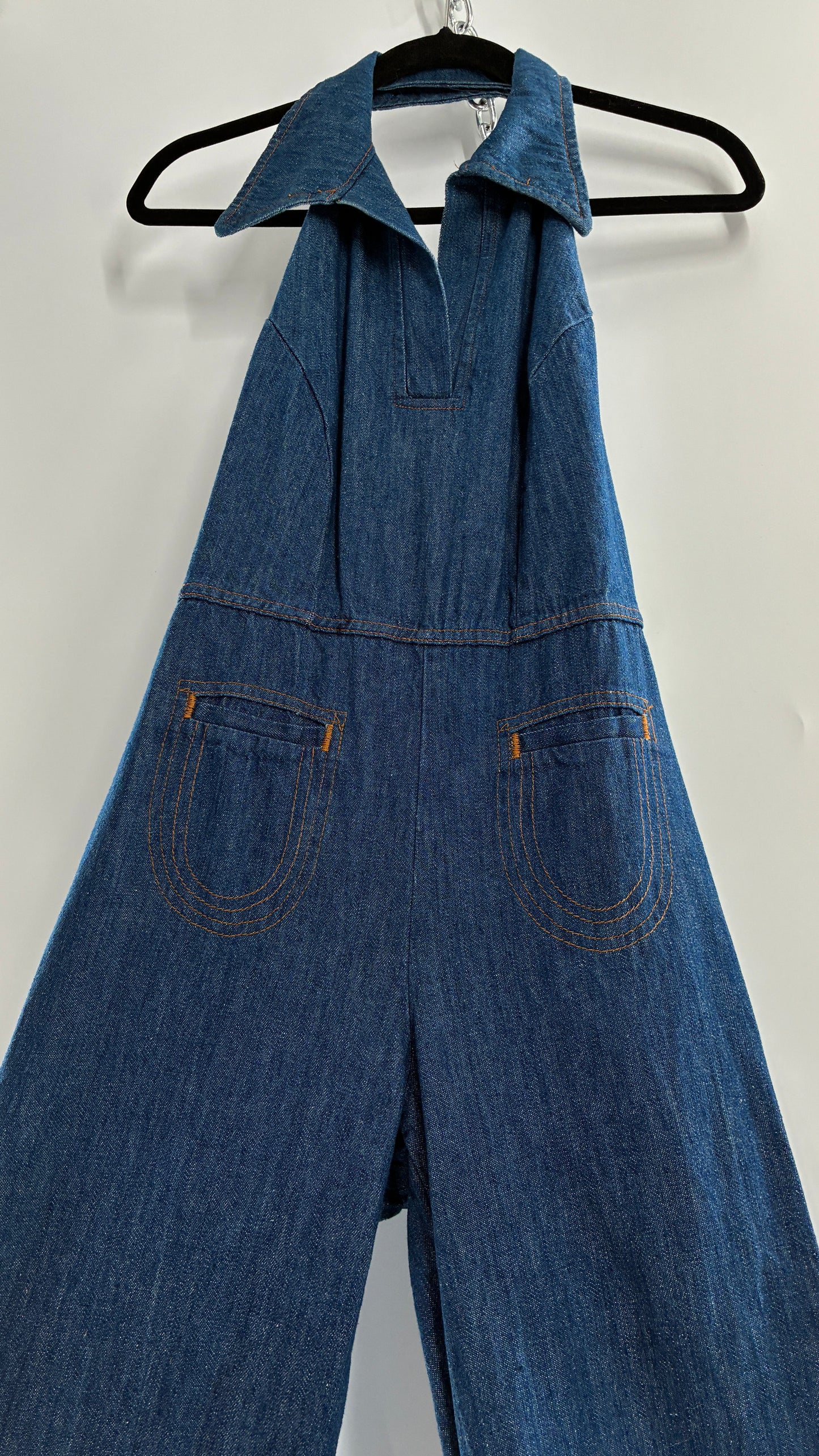 RARE Vintage 1970s Landlubber Medium Wash Denim, Sleeveless Halter, Wide Leg Bell Bottom, Jumpsuit (No Size on Tag, XS)