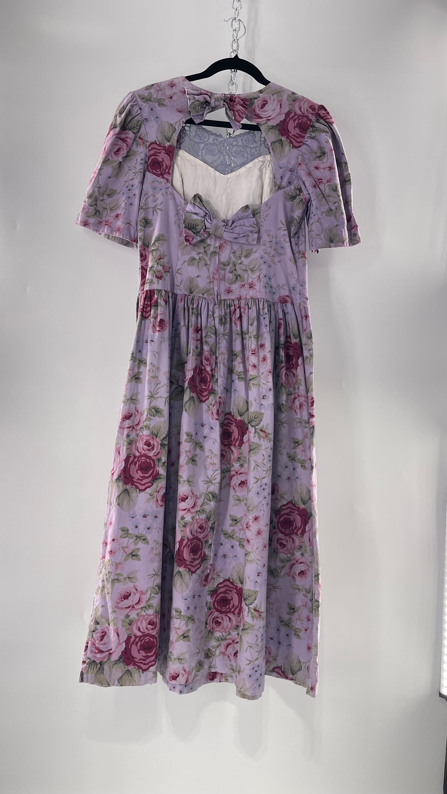 Vintage Urban Renewal Reworked and Upcycled Misty Lane Lilac/Lavender Floral Fit/Flare Dress with Sweetheart Neckline, Lace Detail and Bow Adorned Open Back  (11/12)