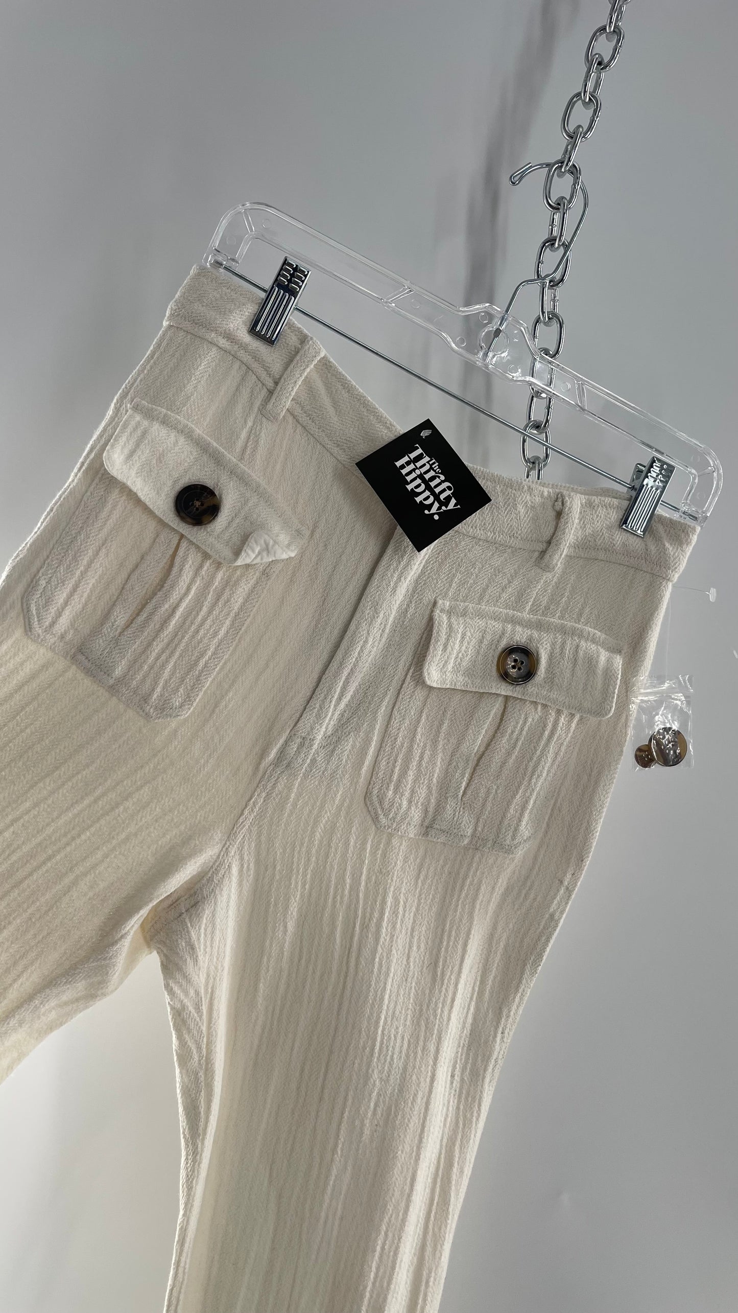 Free People White 55% Linen 45% Cotton Crimped Kickflare with Double Pockets and Brown Tropical Style Button (8)