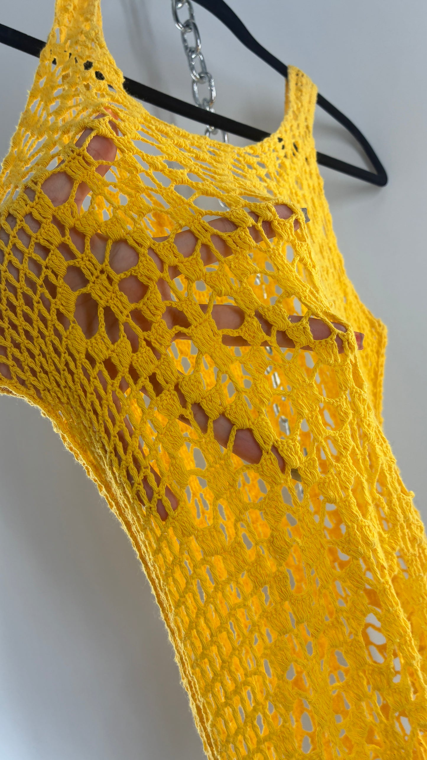 Vintage Brazilian Hand Knit Yellow Crochet Mini Dress (S/M)