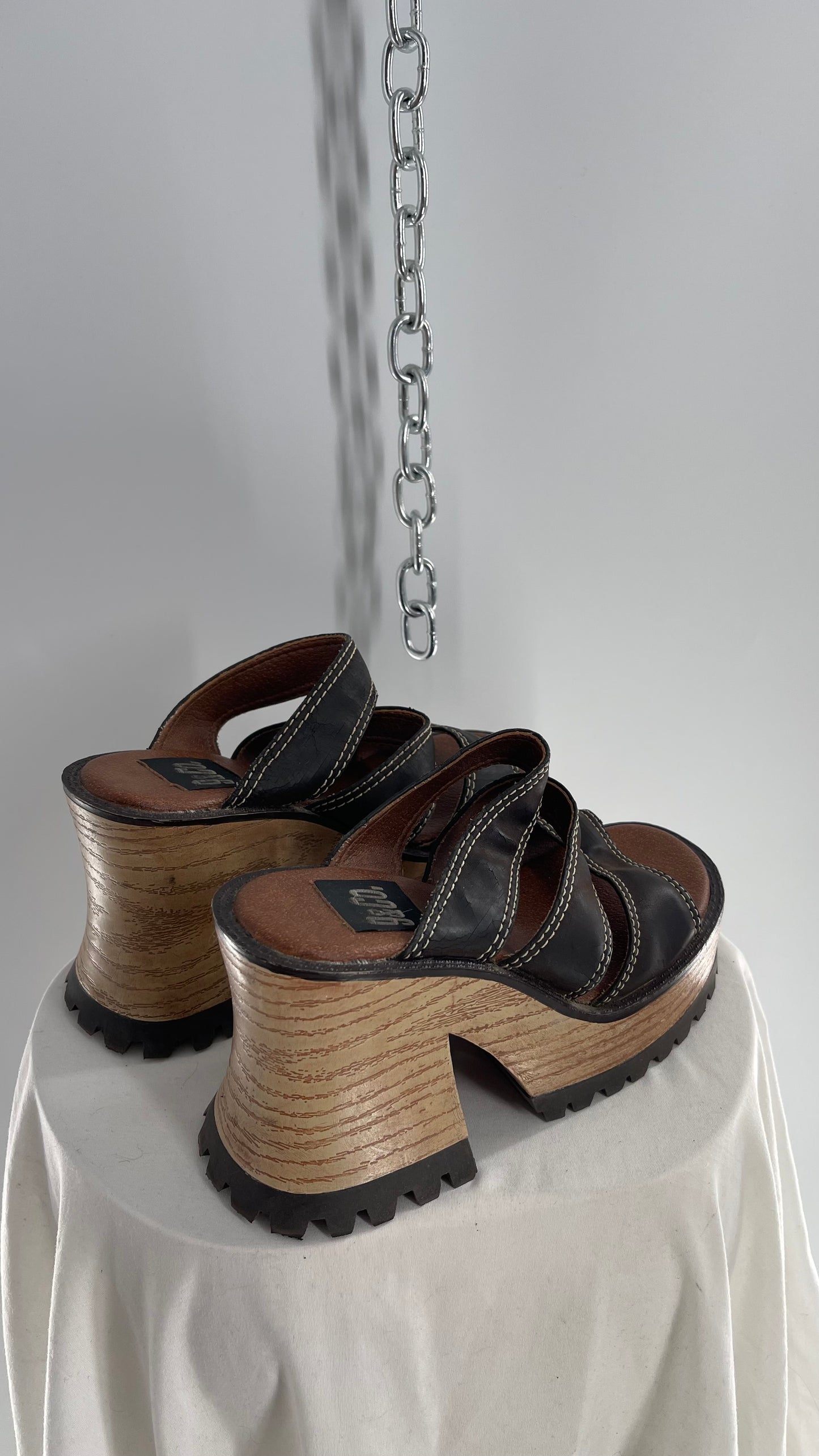 Rare Vintage 9&Co 1990s Brown Leather Strappy Chunky Wooden Platform Funky Heel (7)