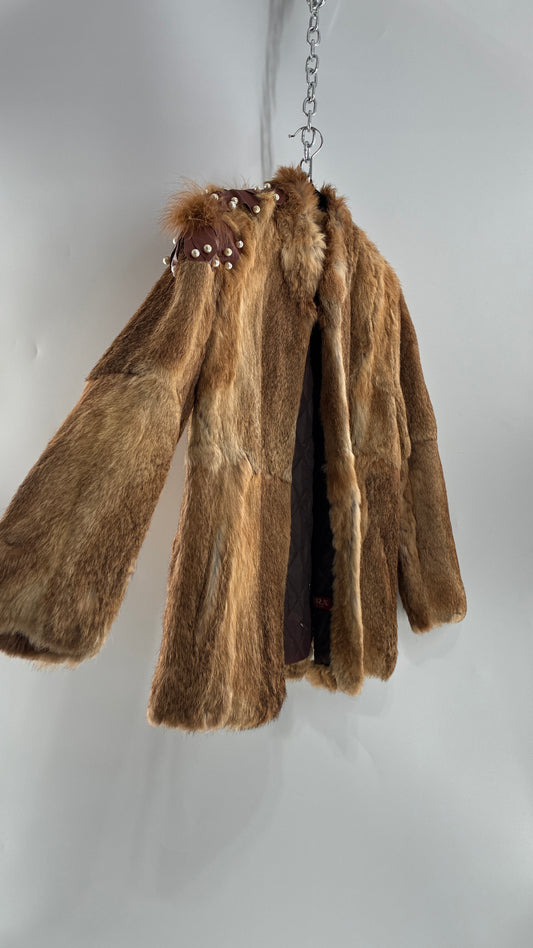 Vintage OPERA Montreal New York Genuine Fur Coat with Pearl Embellished Leather Flower Appliqués (Medium)