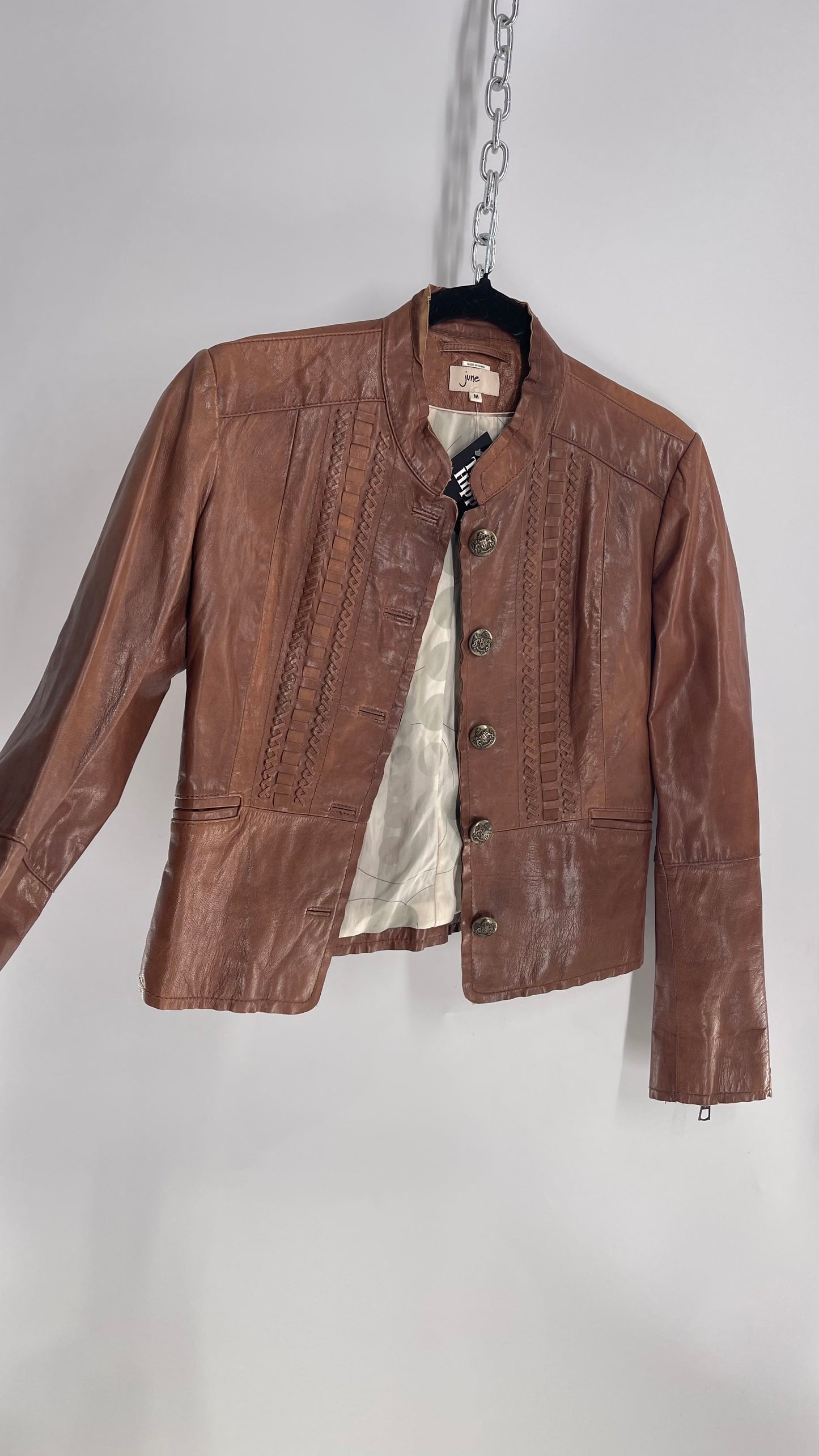 Vintage 1990s June Brown Leather Jacket with Braided Details and Zippered Cuffs (Medium)