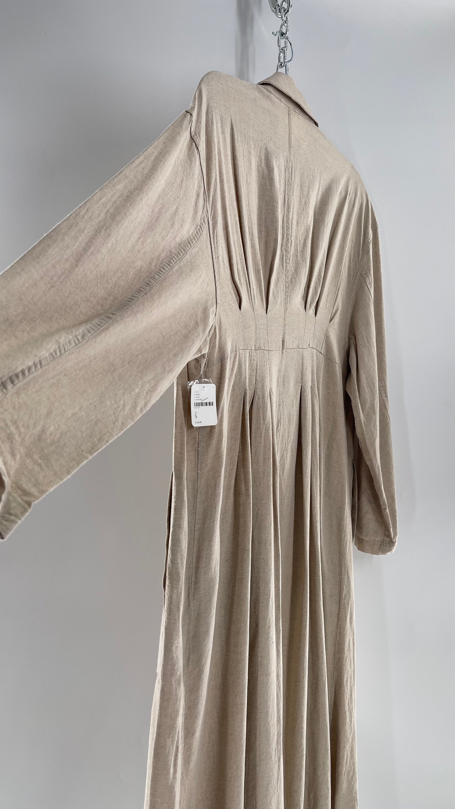 Free People Double Breasted Beige Linen Trench Coat with Brown Buttons and Tags Attached