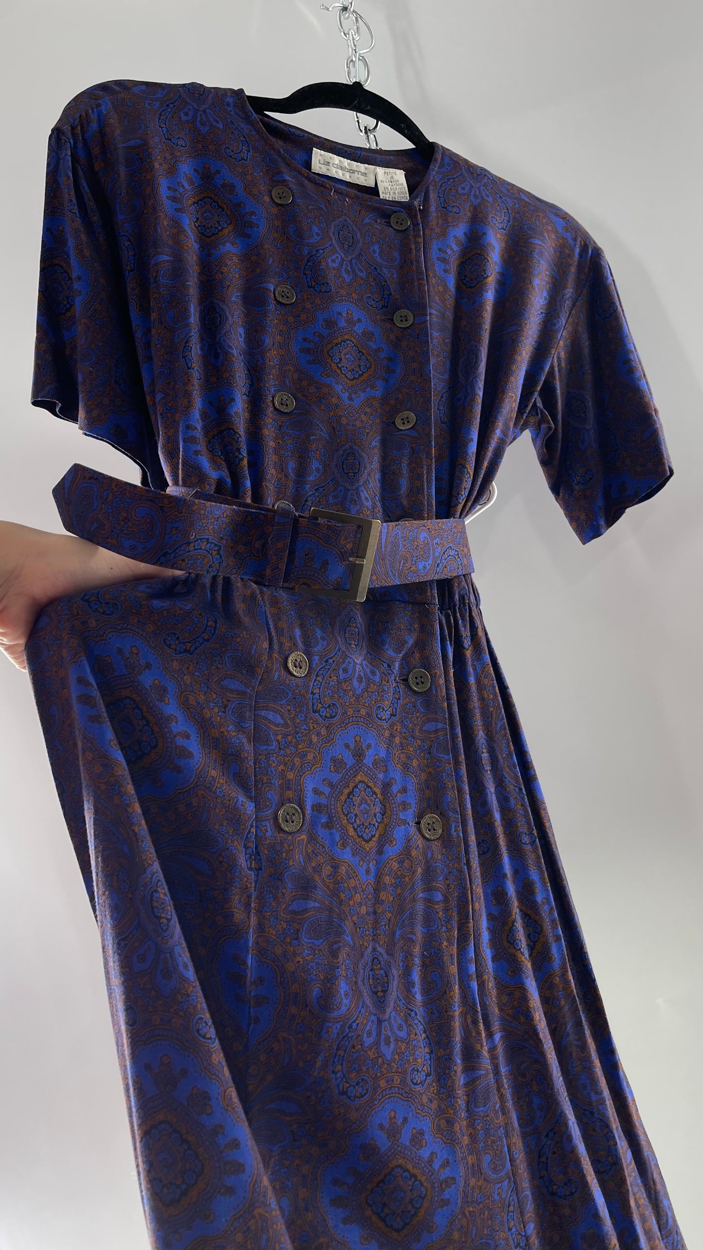 Vintage Liz Claiborne Cobalt Blue and Mustard Paisley Patterned 60s Style Dress(4)