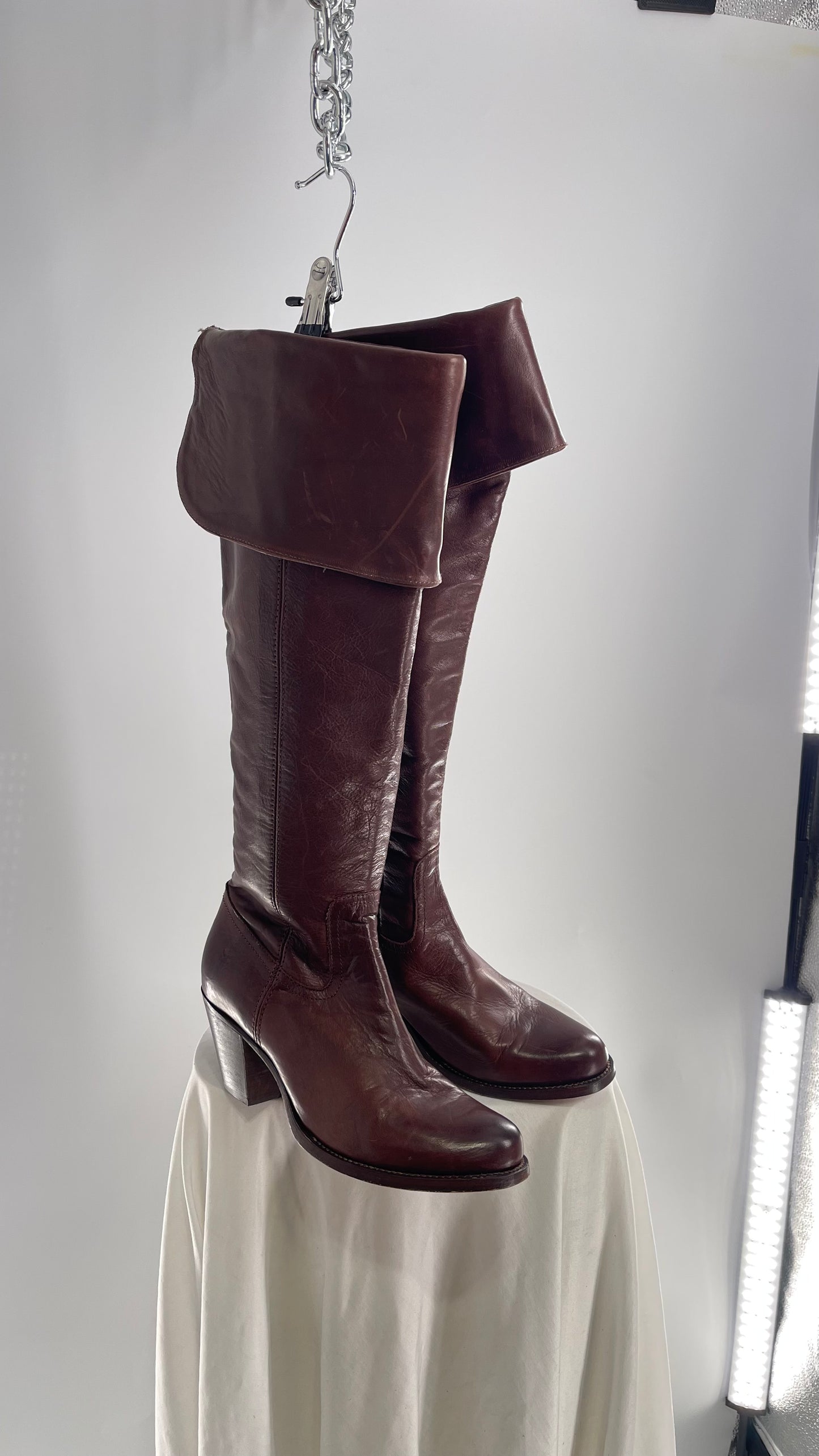 Vintage FRYE Brown Leather Fold Over Thigh High Round Toe Boots (8)