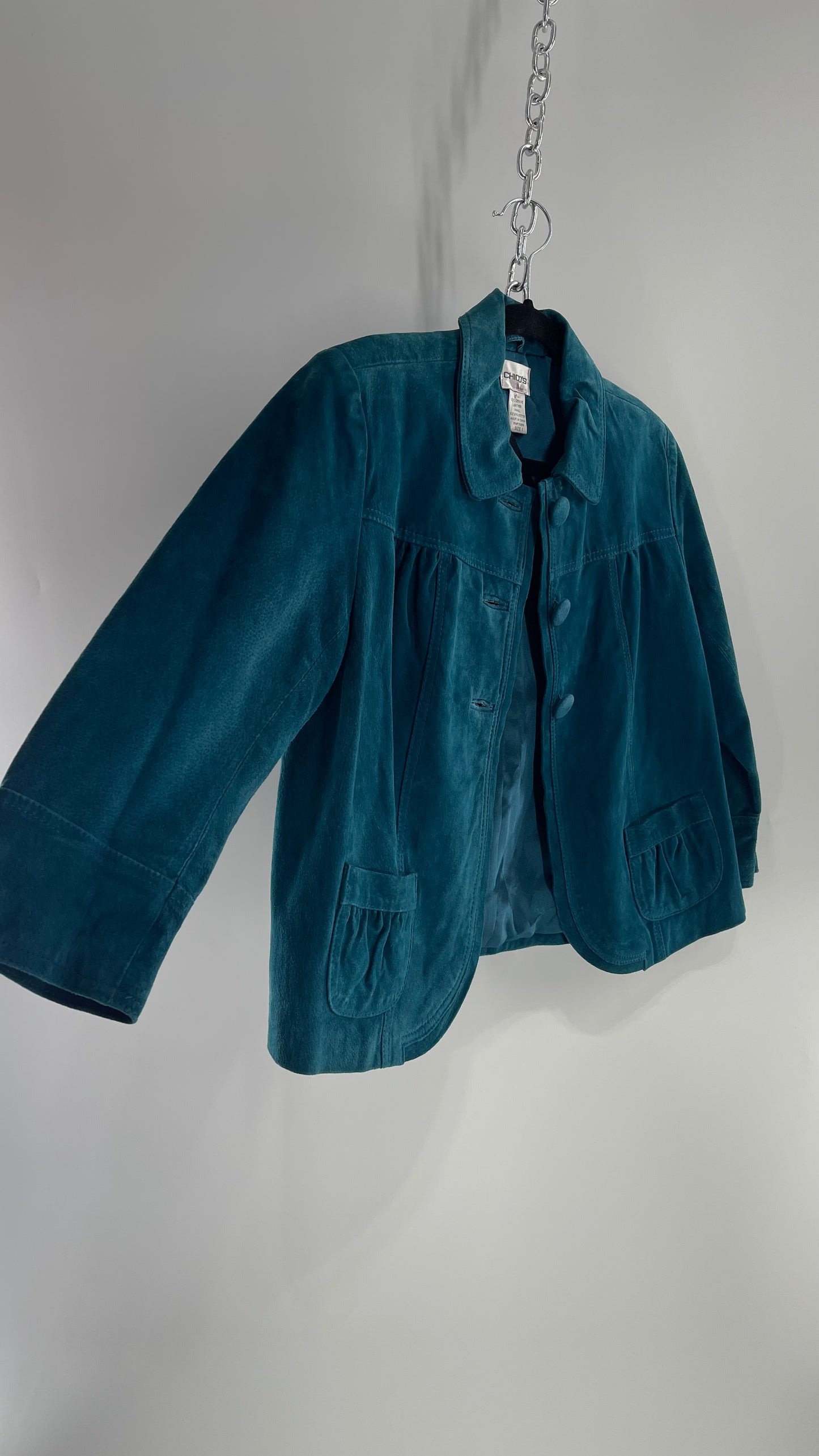 VINTAGE CHICO’s Suede Leather Teal Blue Cropped Bolero Blazer (Large)