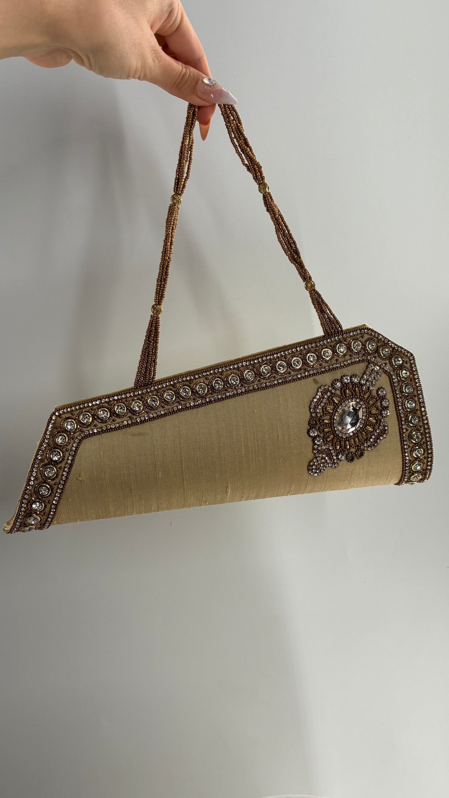 Vintage 1990s Asymmetric Gold Purse with Beading and Rhinestone Detailing