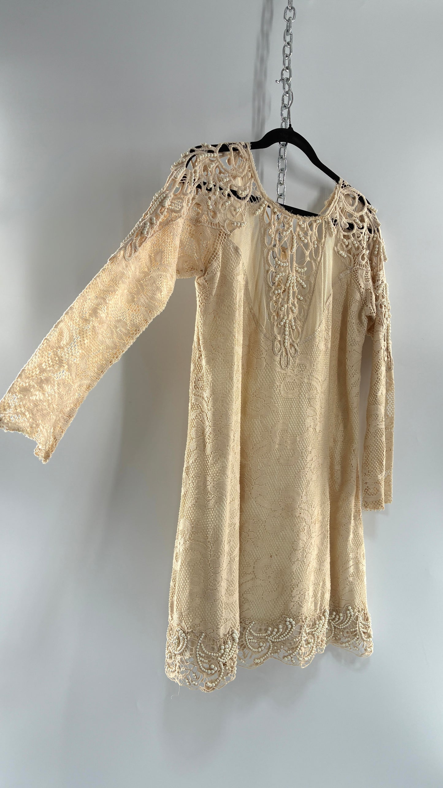 Vintage Free People Beige Long Sleeve Lace Dress with Deep Neckline, Low Back and Beaded Details