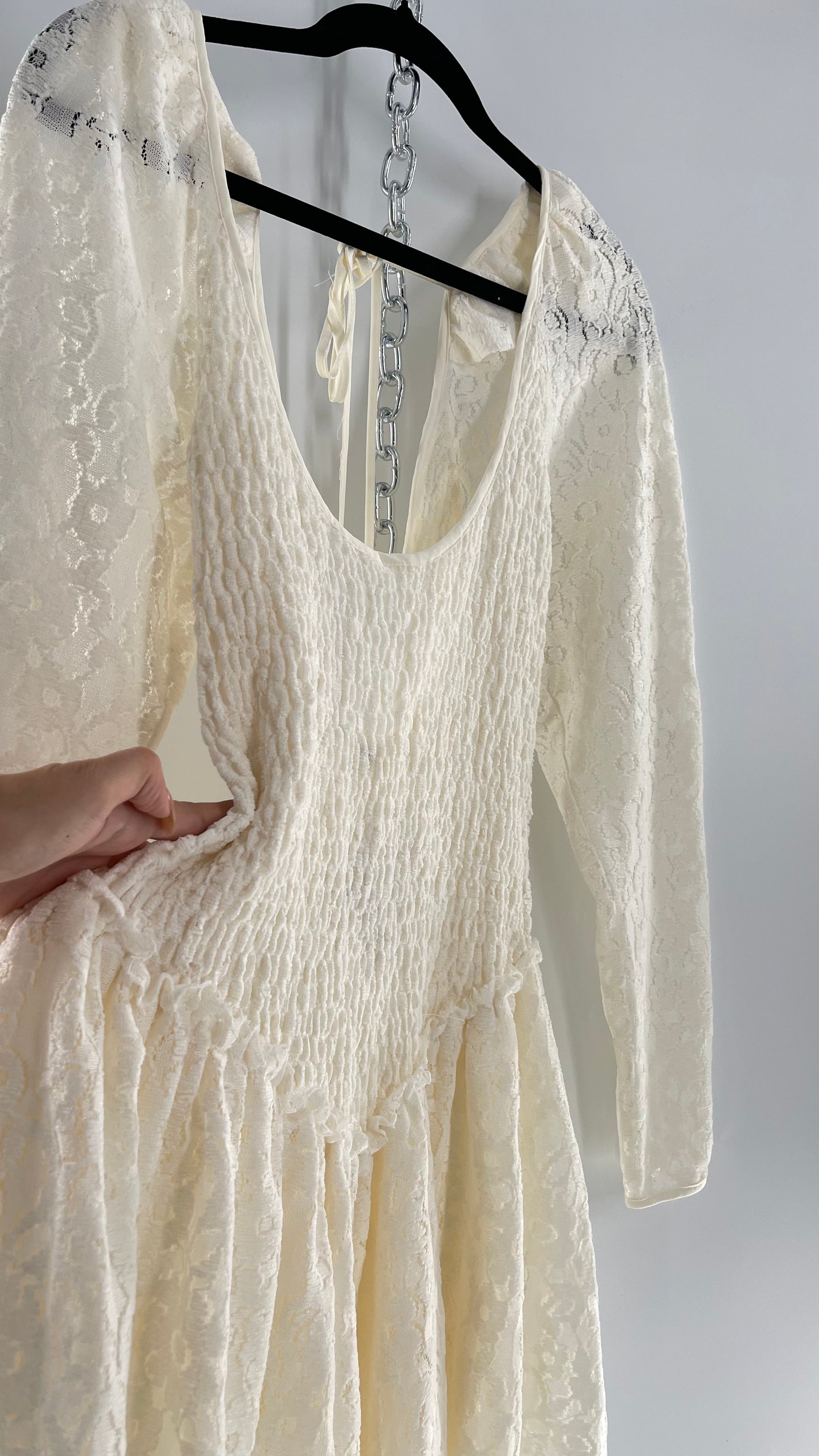 Free People White Velvet Lace Dress with Smocked Bodice and Pointed Waistline (Medium)