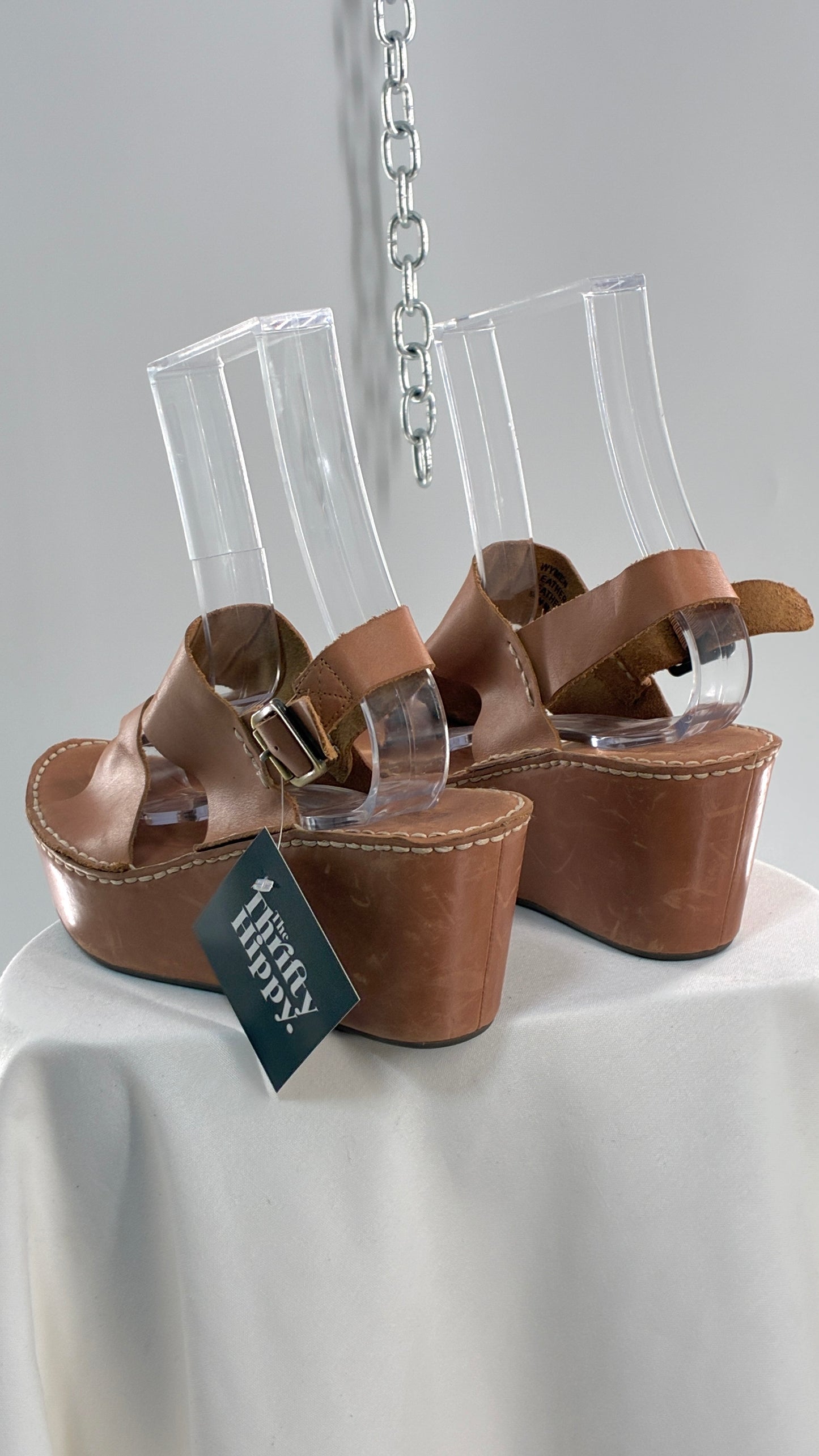 Chocolat Blu Tan Genuine Leather Wedge Platform Sandals (8.5)