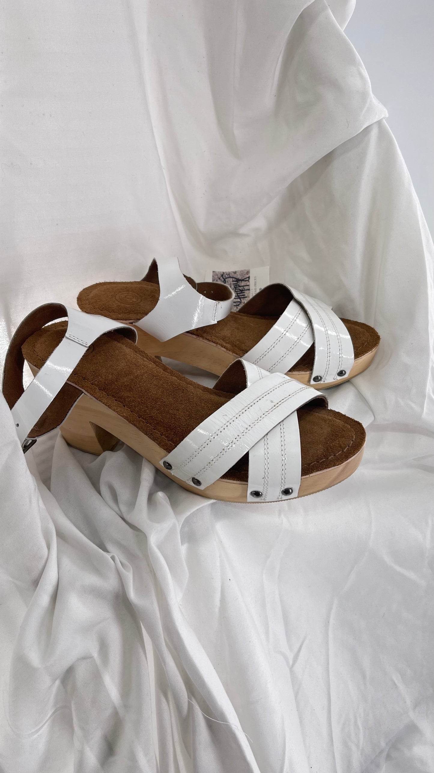 Urban Outfitters White Patent Clogs with Wooden Heel (6)