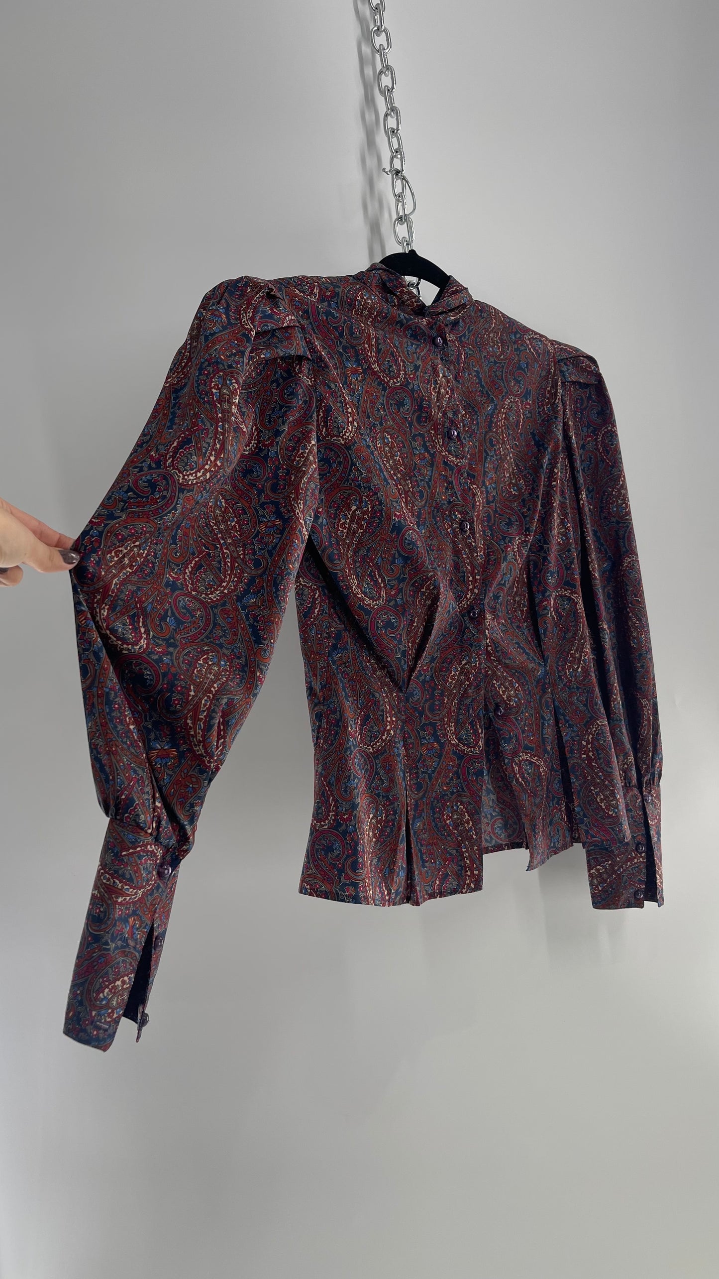 Vintage First Glance Paisley Balloon Sleeve, Sculpted Waist, Tie Neck Blouse from El Salvador (9/M)