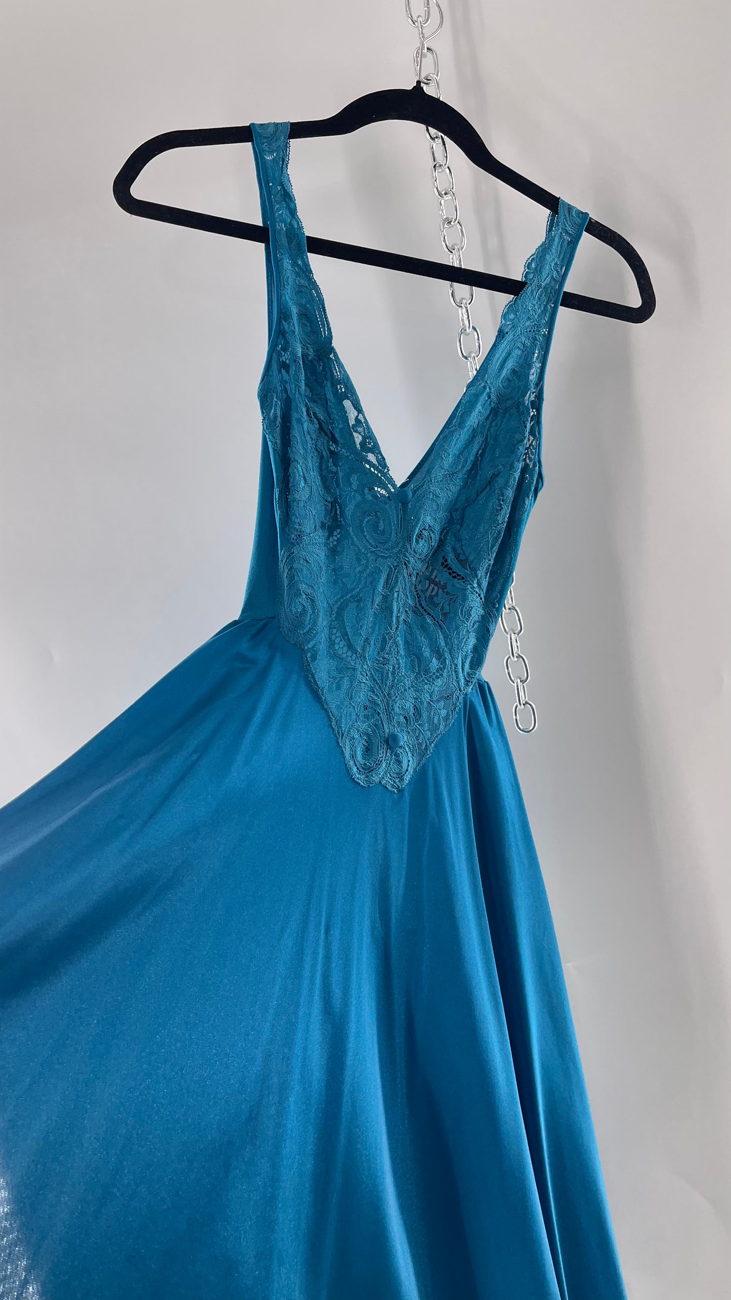 Vintage Olga Intimates Floor Length Voluminous Blue Jewel Toned Maxi Dress/Night Gown with Lace Bust (Small)