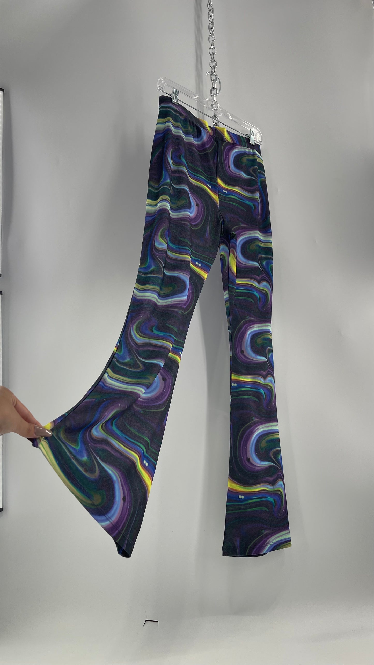 NGOrder Psychedelic Graphic Purple Blue Wavy Kickflare Pants with Tags Attached (14 XL)