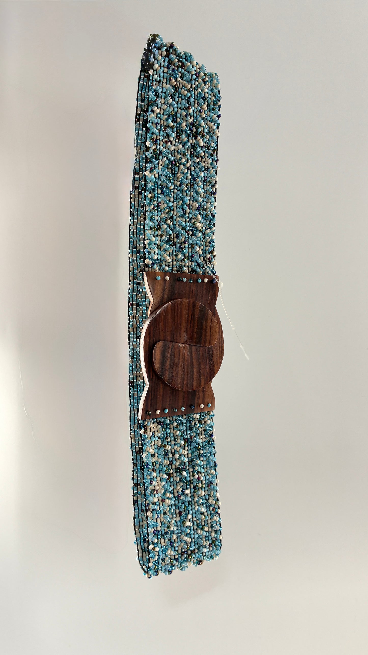 Vintage Wide Blue Beaded Hip Belt with Chunky Wooden Buckle