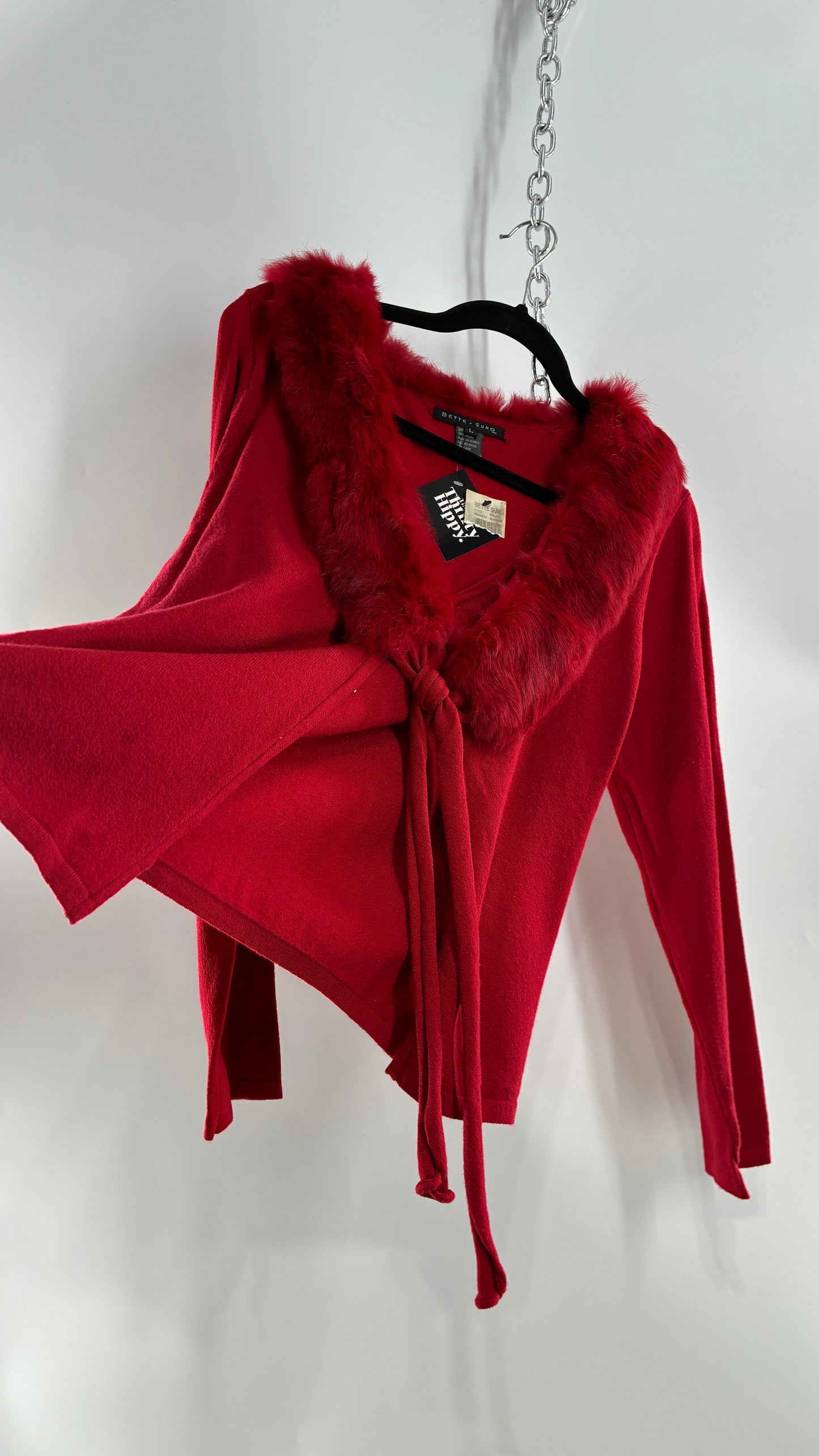 Deadstock Vintage BETTE SUNG Red Tie Bust Cardigan with Genuine Rabbit Fur Collar (Large)
