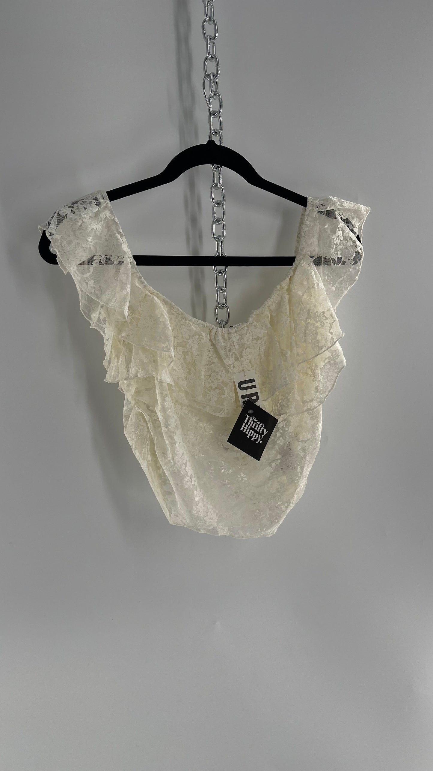 Urban Outfitters White Lace Tank with Ruffle Neckline and Straps Tags Attached (Large)