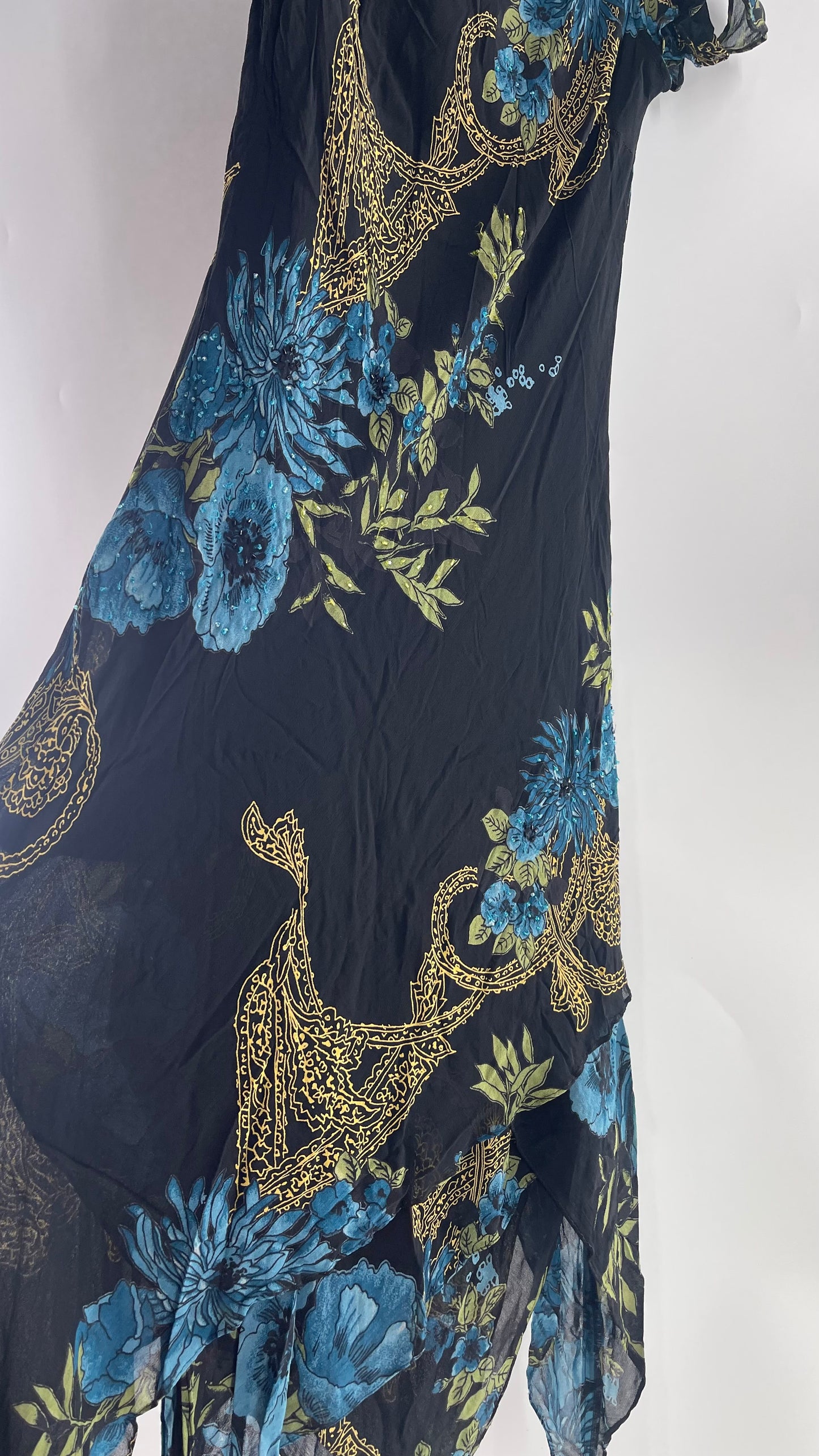 Vintage 90s EVA BLUE Black/Blue MIDI dress with beading and Handkerchief Fairy Hem (12)