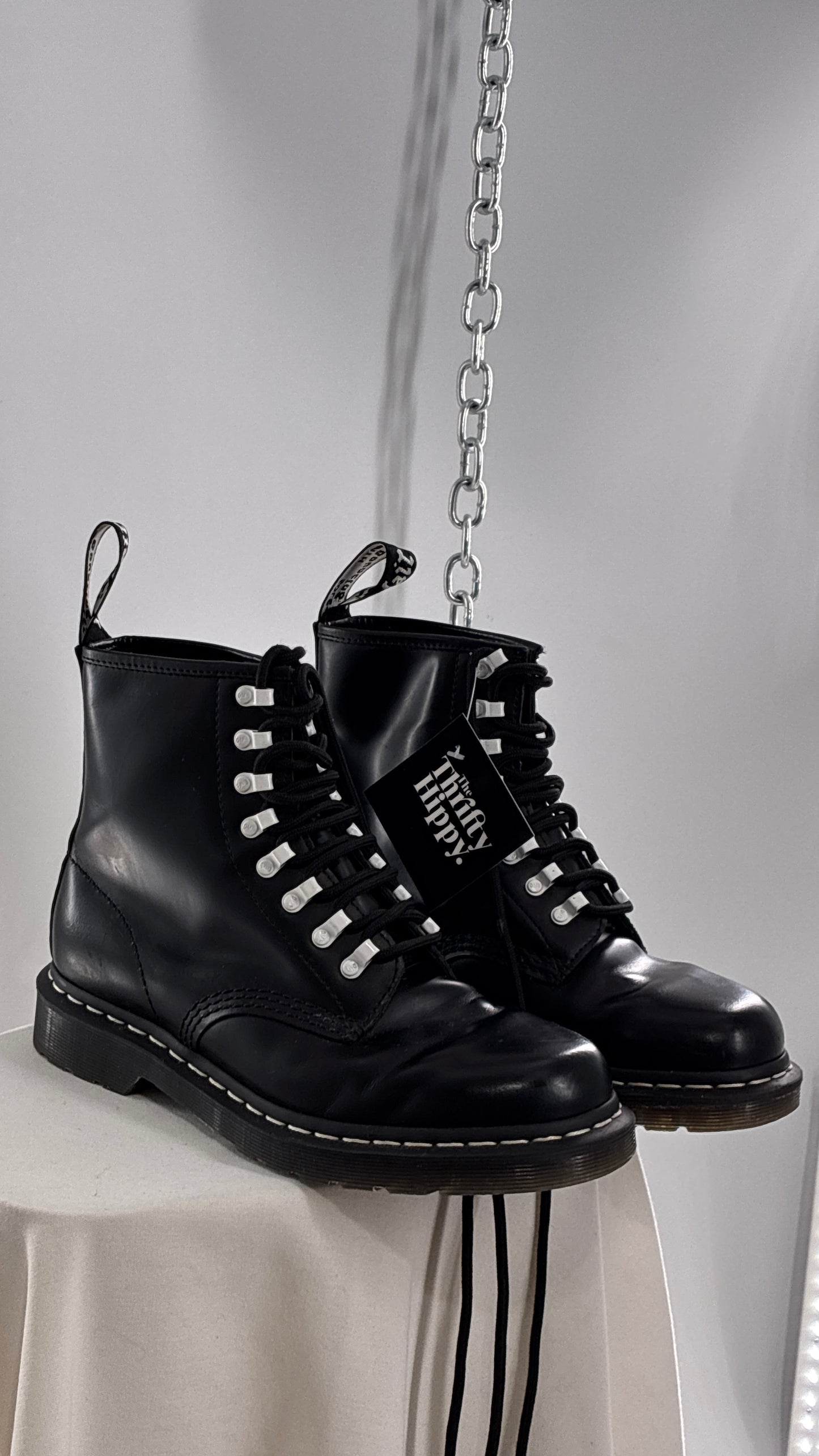 Vintage DR.MARTENS AirWair 1460 DISRUPT Black Patent Leather Boots with White Hardware (8L, 7M)
