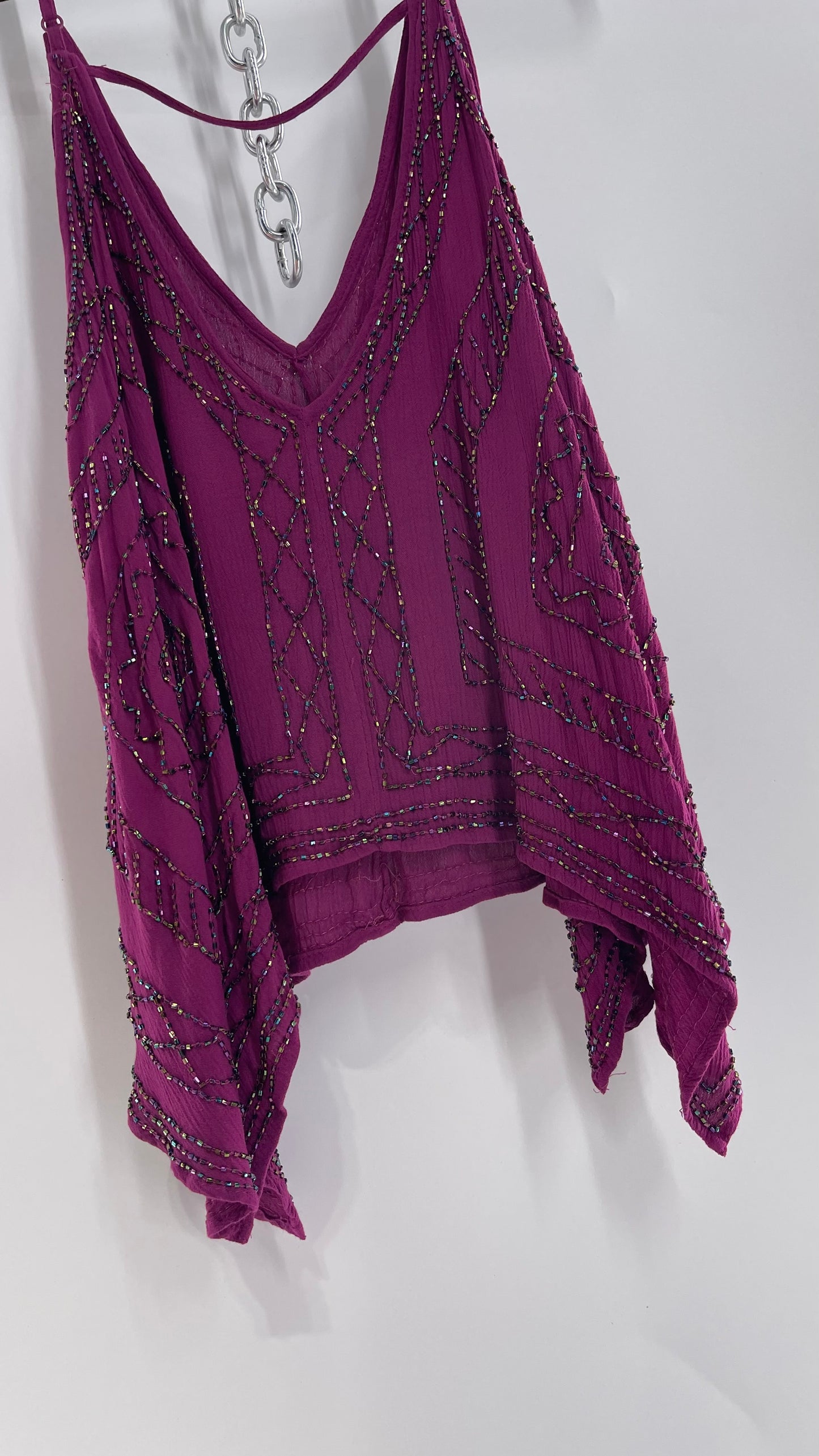 Free People Purple Beaded Handkerchief Hem Tank (Small)