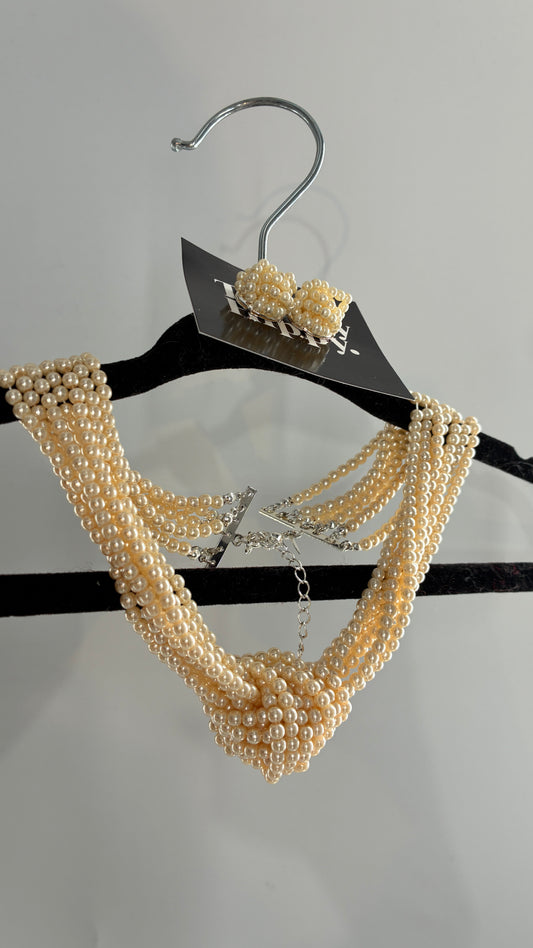 Vintage Layered Pearl Choker with Matching Earrings