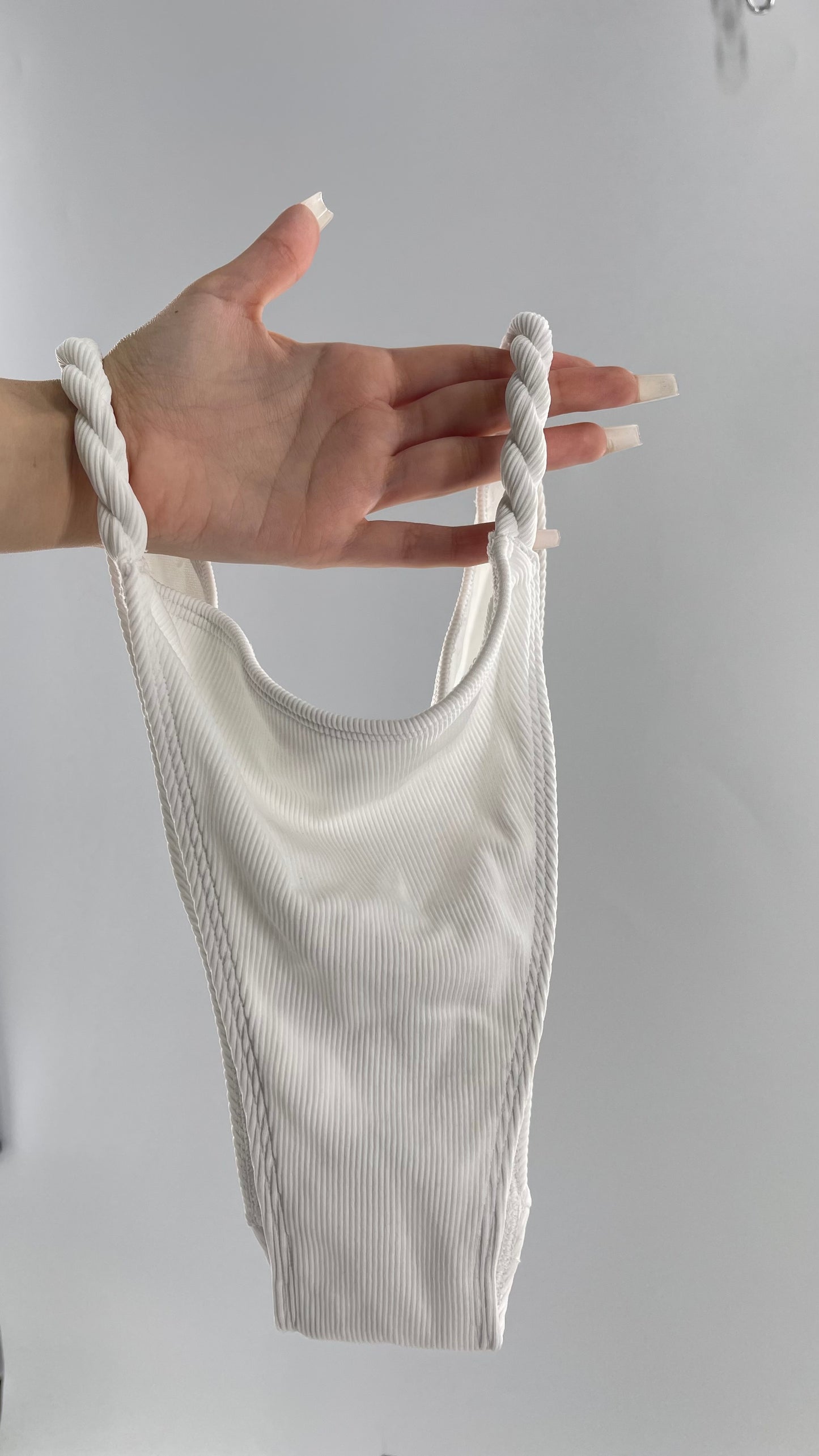 Urban Outfitters Out From Under White Ribbed High Waisted Cheeky Swim Bottoms with Braided Straps (Medium)