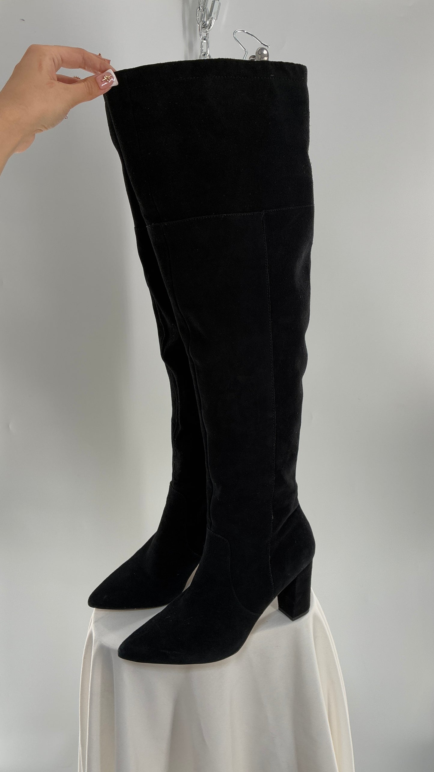 Vintage Black Genuine Suede ADRIENNE VITADINI Thigh High Pointed Toe Boots with Stud Detailing (10)