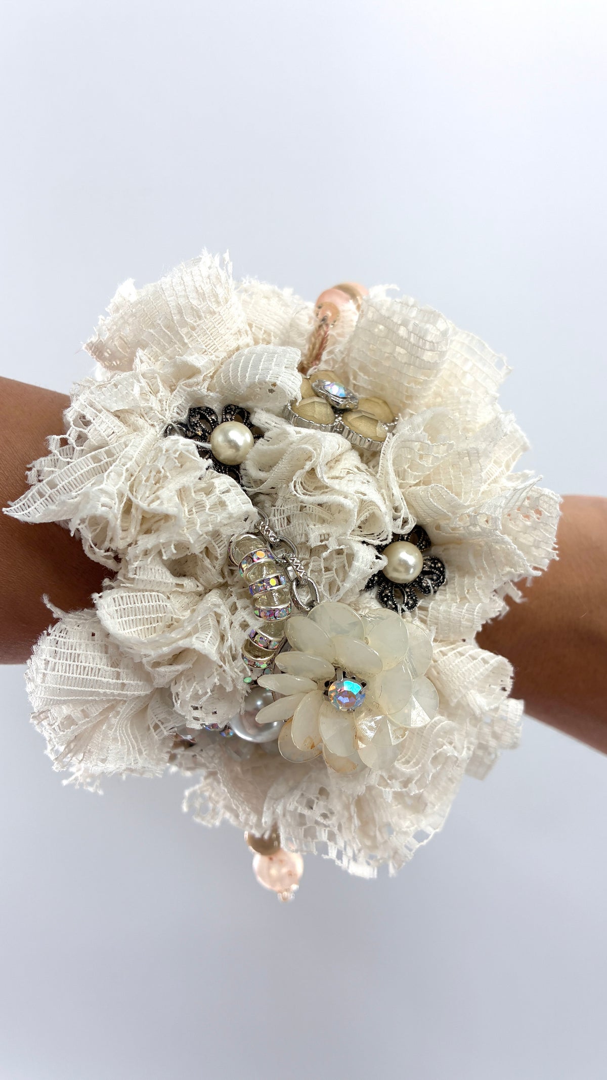 Handmade Oversized Ivory Lace Rosette & Jeweled Charm Statement Cuff