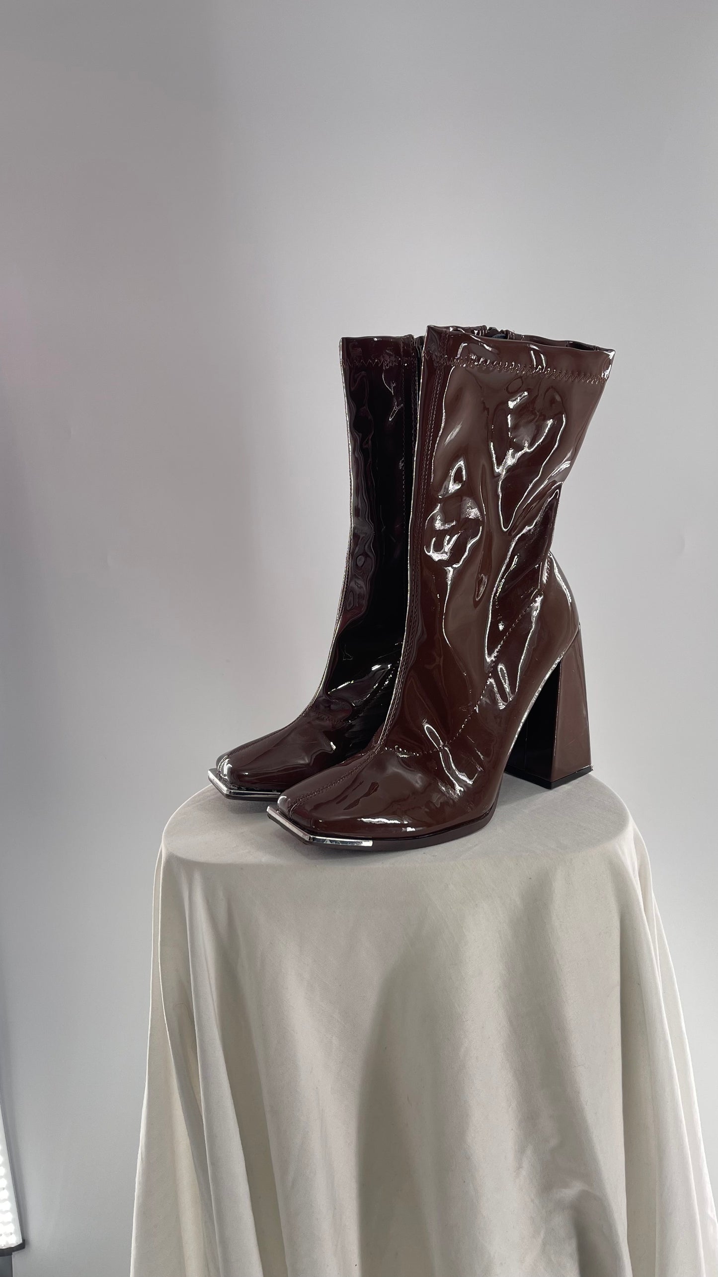 Square Toe Brown Vinyl Boot with Angled Block Heel (8)