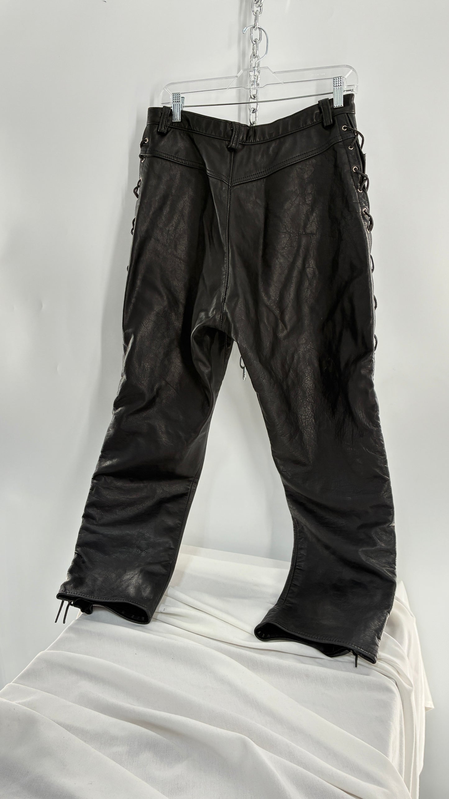 Vintage Thick Ultra Soft Black Leather Pants with Tie Up Sides (Medium)