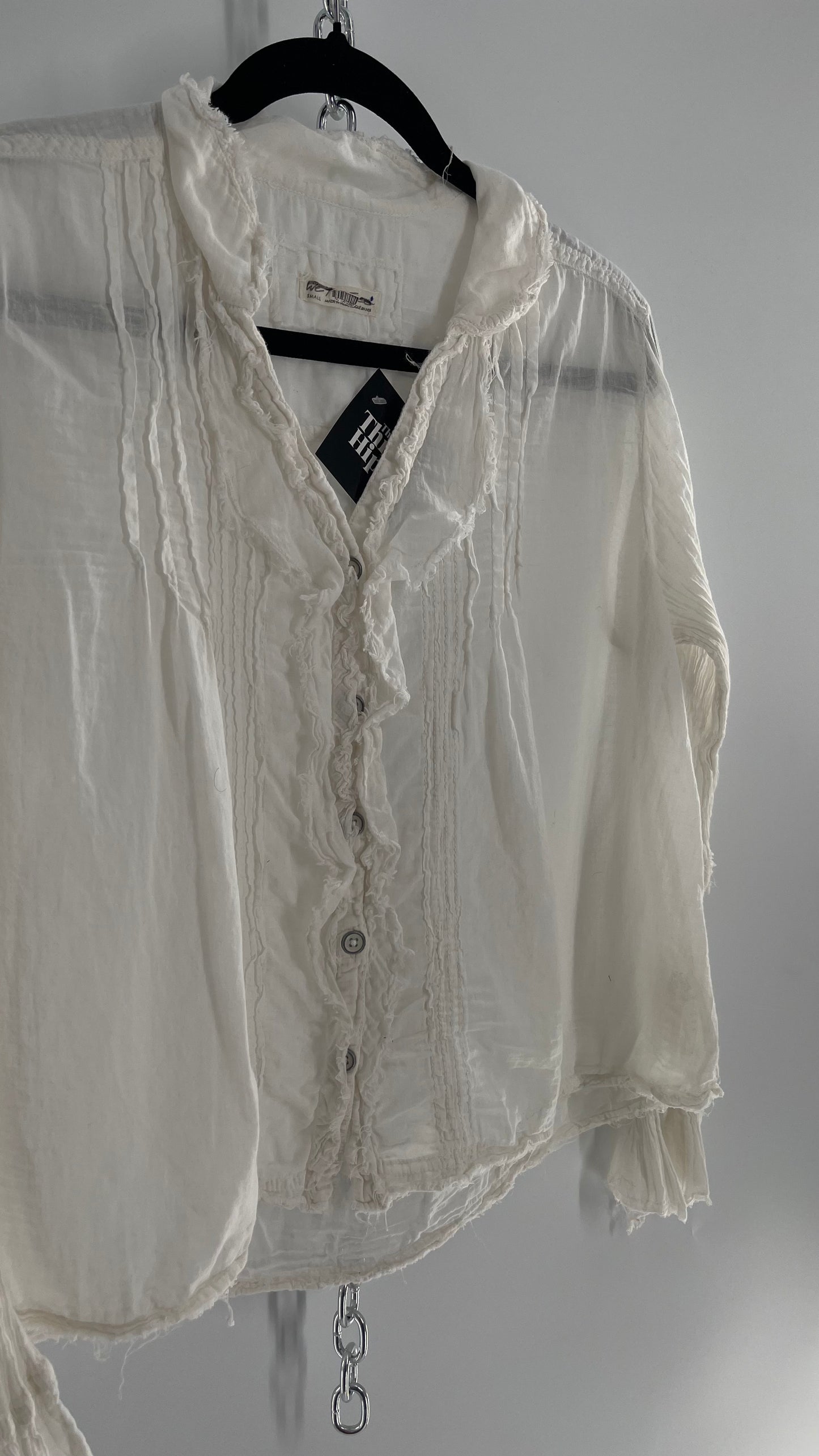 Free People White Cotton Ruffle Button Up with Crimped Sleeves (Small)