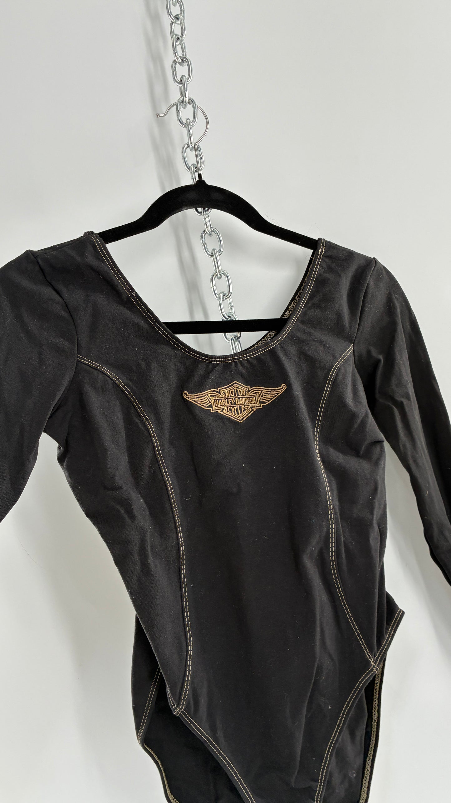 Vintage Deadstock Black Harley Davidson Long Sleeve Bodysuit with Contrast Tan Stitching (Small)