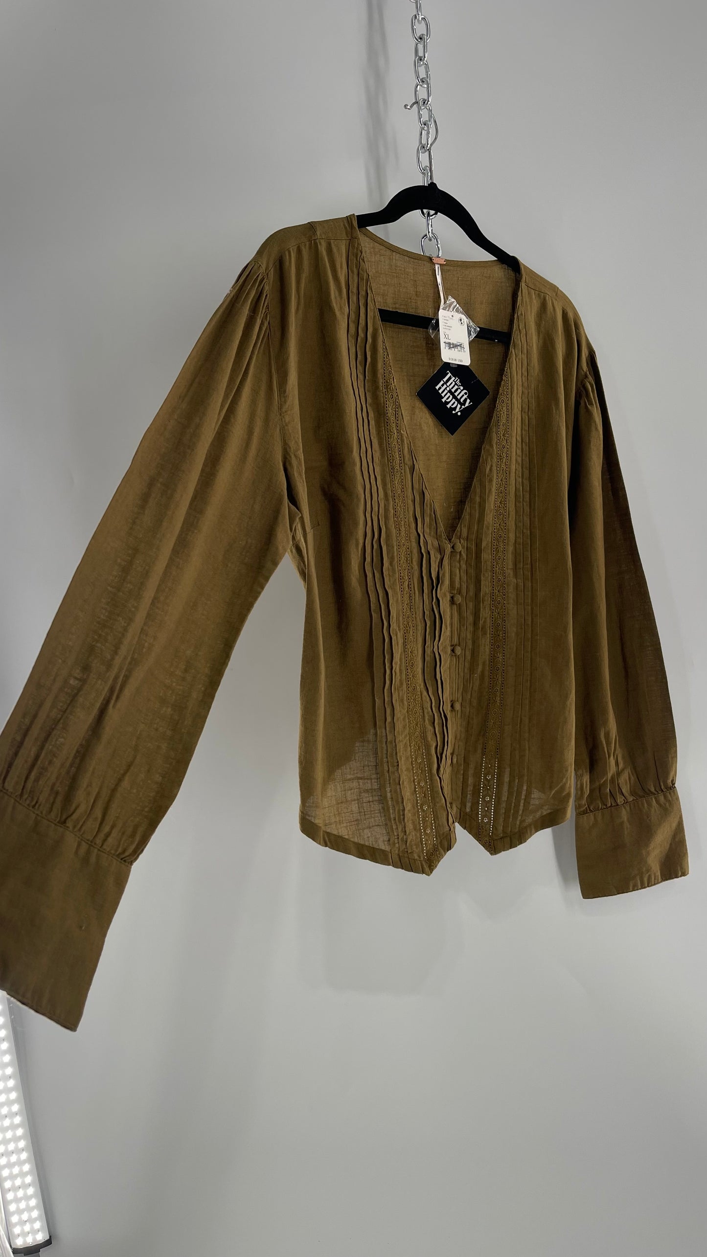 Free People Army Green Olive 100% Cotton Blouse with Pleats, Tie Back, Eyelet Lace Details, and Tags Attached (XL)