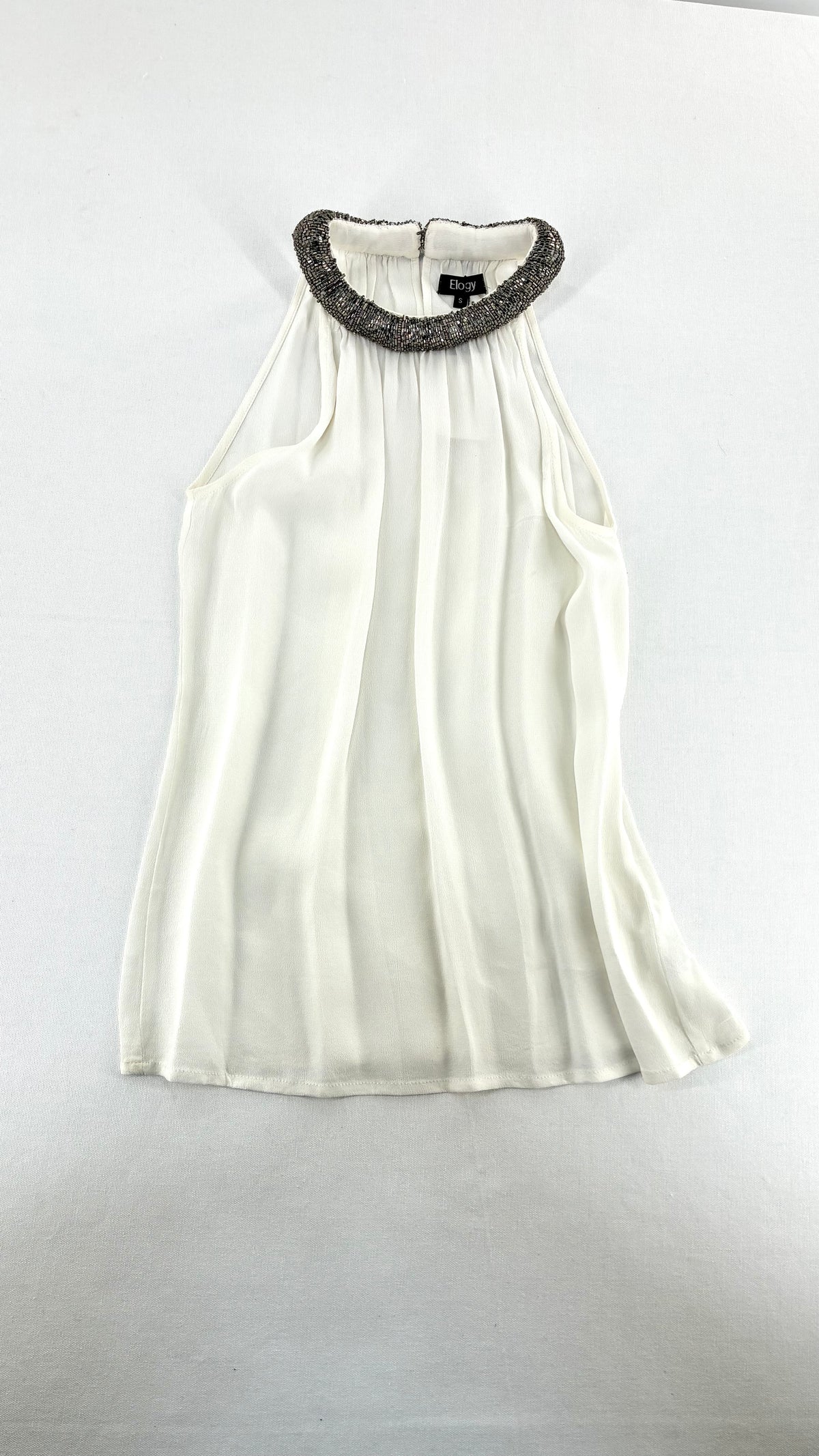 Deadstock Vintage ELOGY High Neck Draping White Top with Gunmetal Beaded Choker Neckline and Tags (Small)