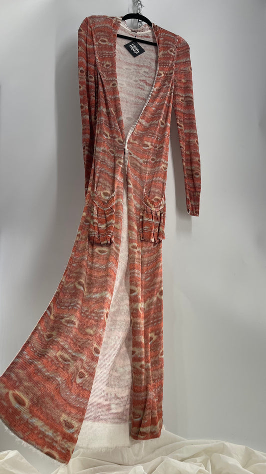 Free People Knit Floor Length Salmon Orange Patterned Cape (L)