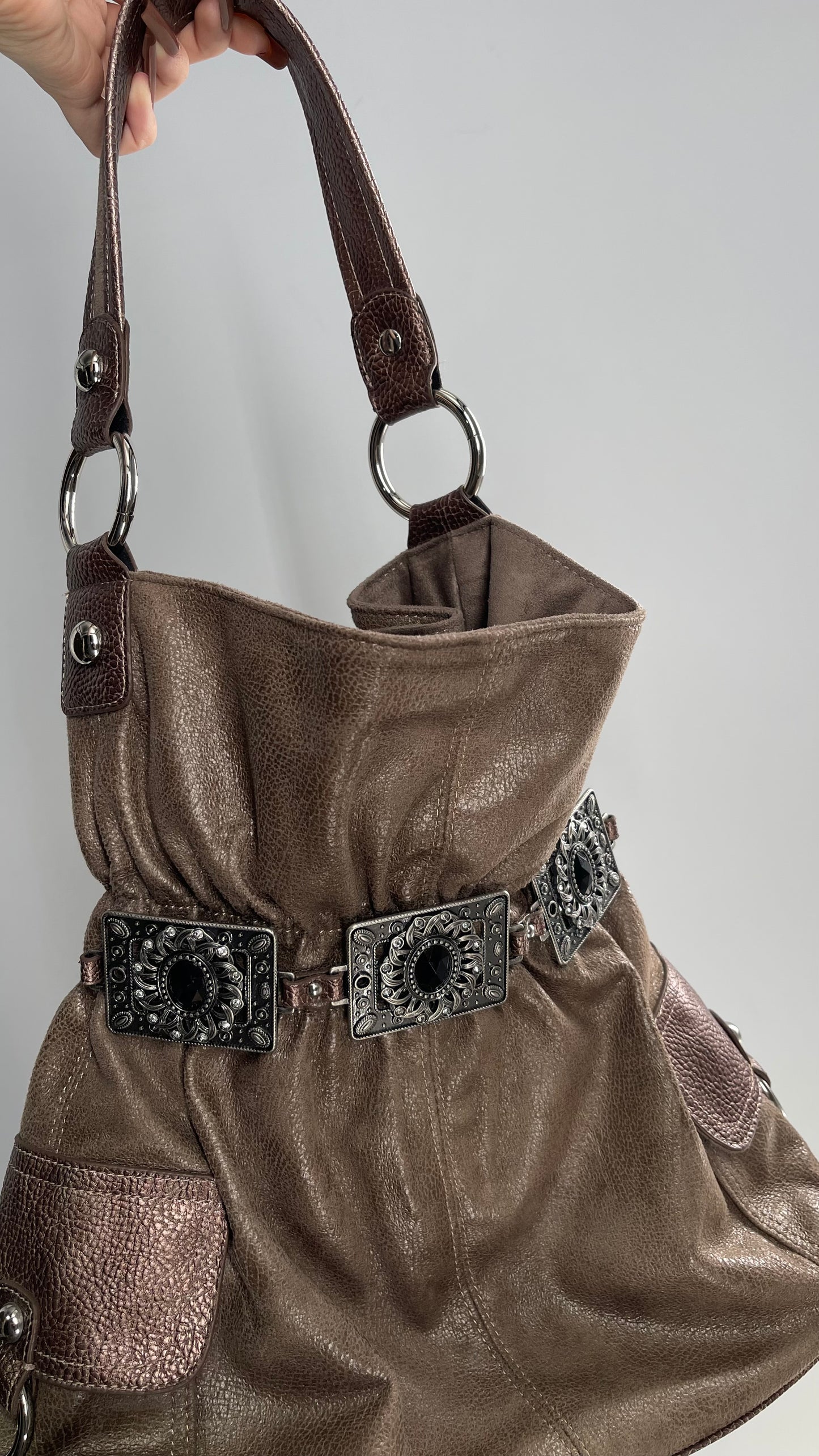 Vintage Kathy Van Zeeland Brown Leather Buckle Bag with Stone Details