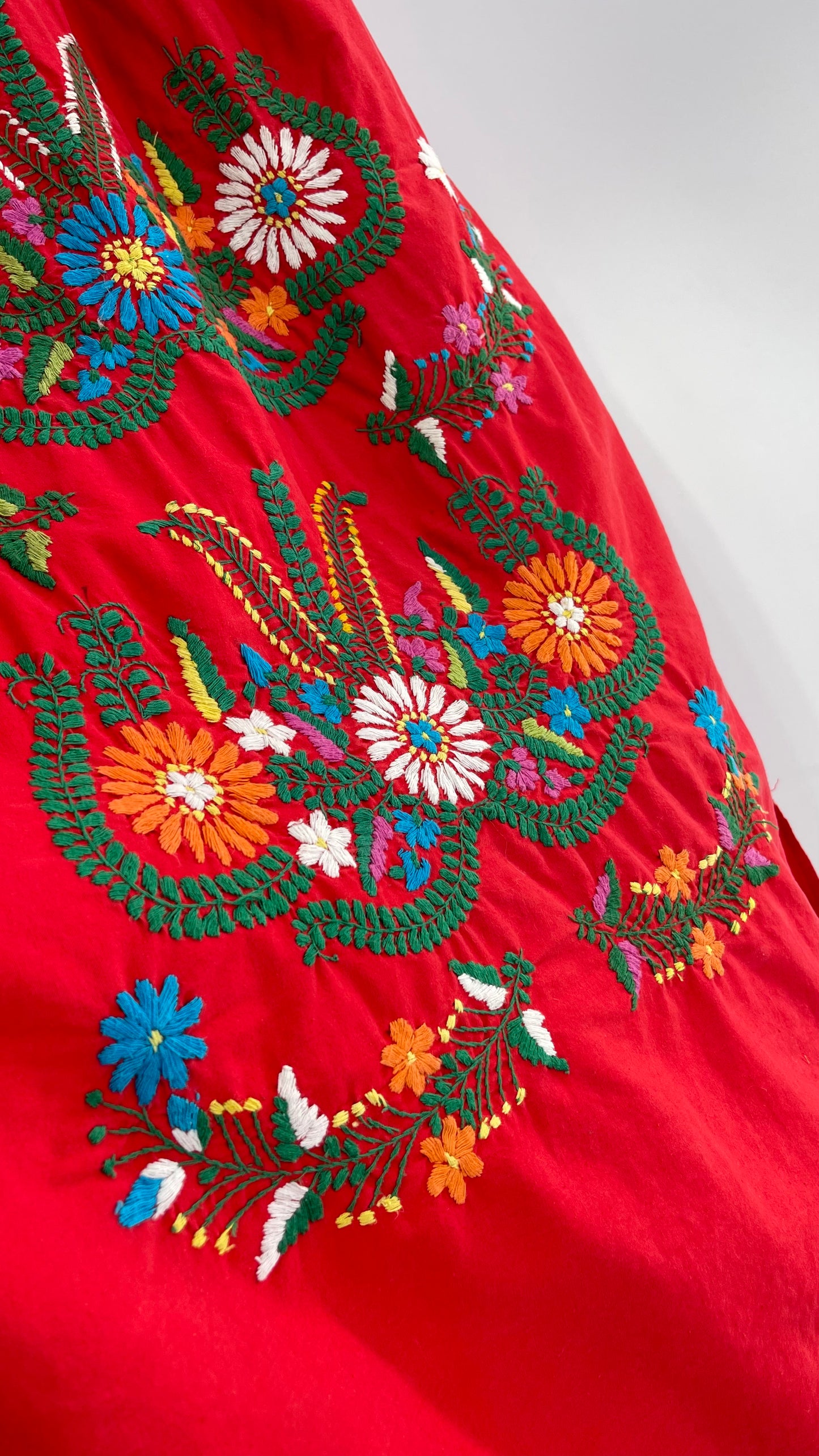 Vintage 1970s Red Cotton Dress with Hand Embroidered Florals Imported from Mexico (Small)