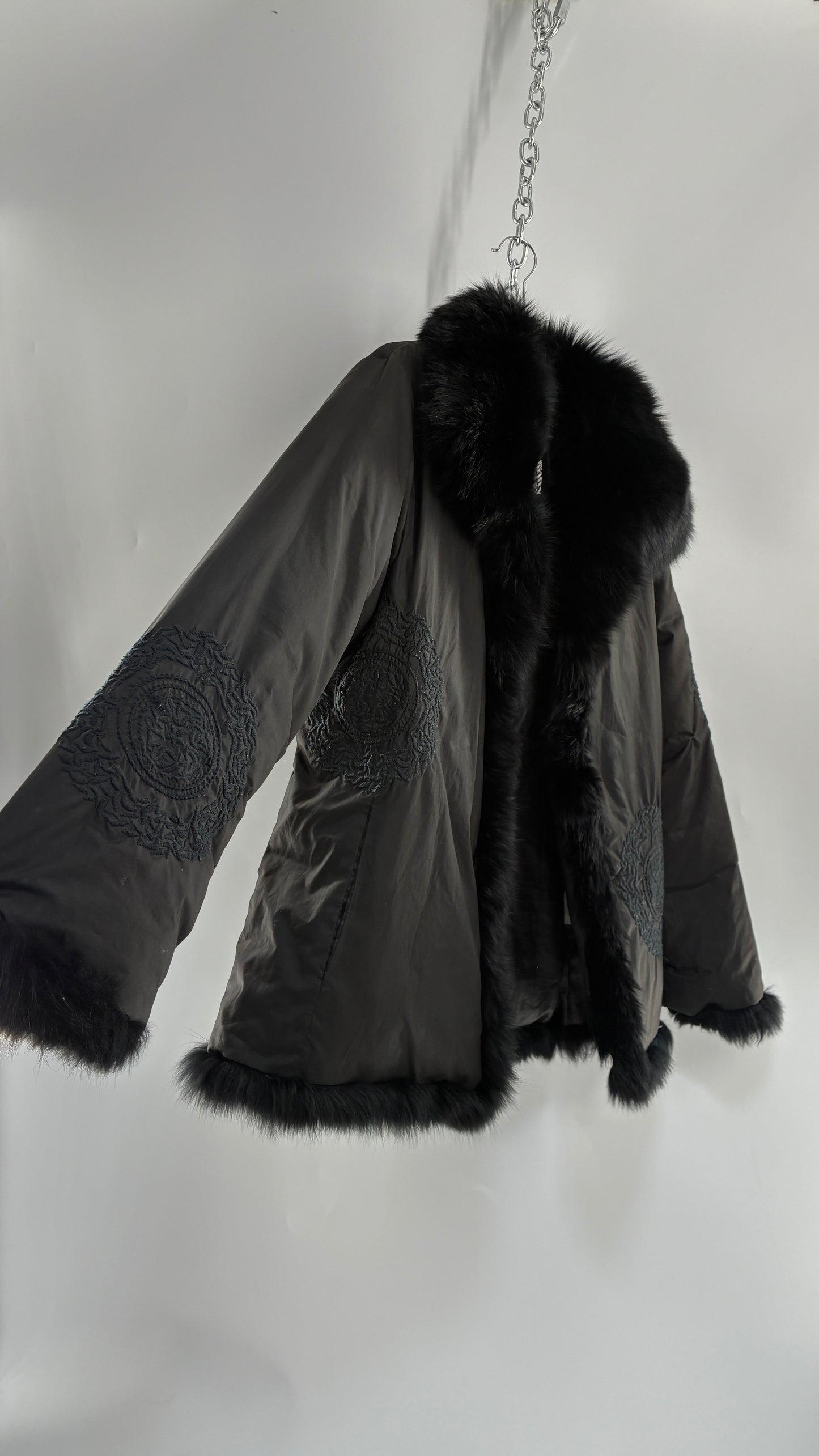 Vintage Gi & JO Black Down and Feather Puffer Jacket with Exaggerated Genuine Rabbit Fur Trim and Mandala Embroidery (Medium)