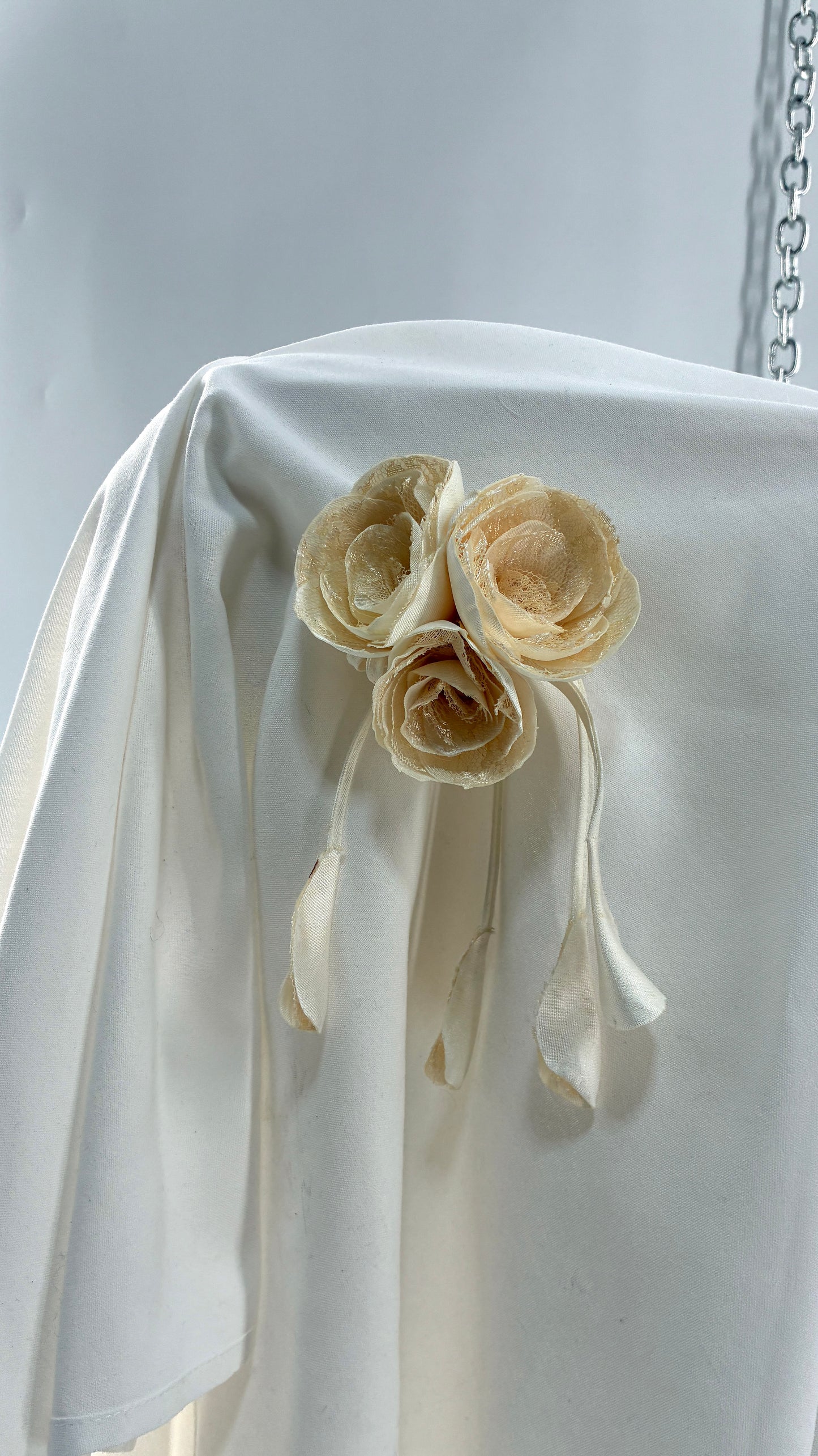 Vintage Brooch Pin: Oversized Rosette Cluster of Handmade Off White Satin and Lace Flowers with Pearl Center