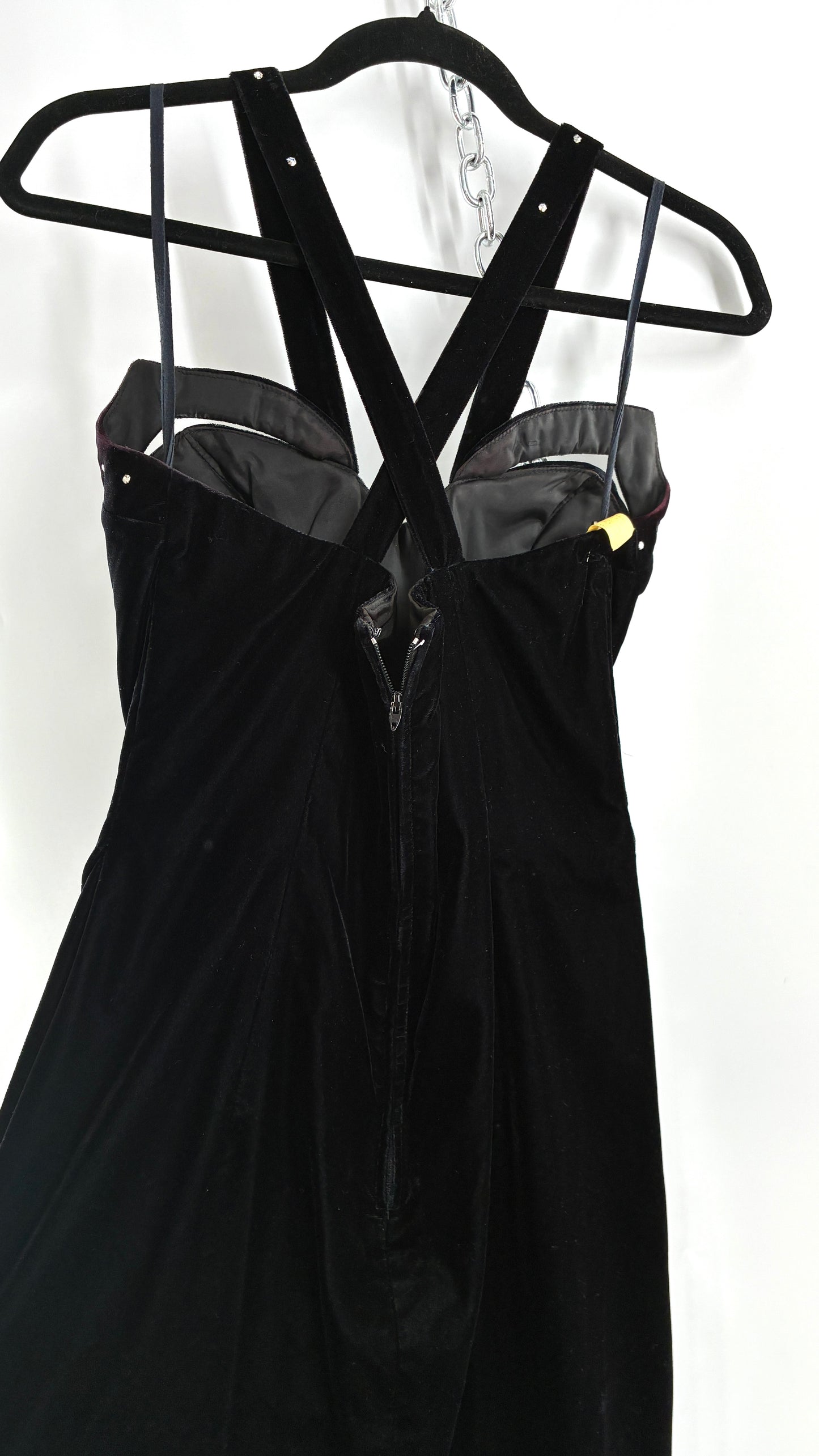 Vintage Handmade Velvet Gown with Pointed Bust Lined in Rhinestones and Dramatic Side Slit (S/M)