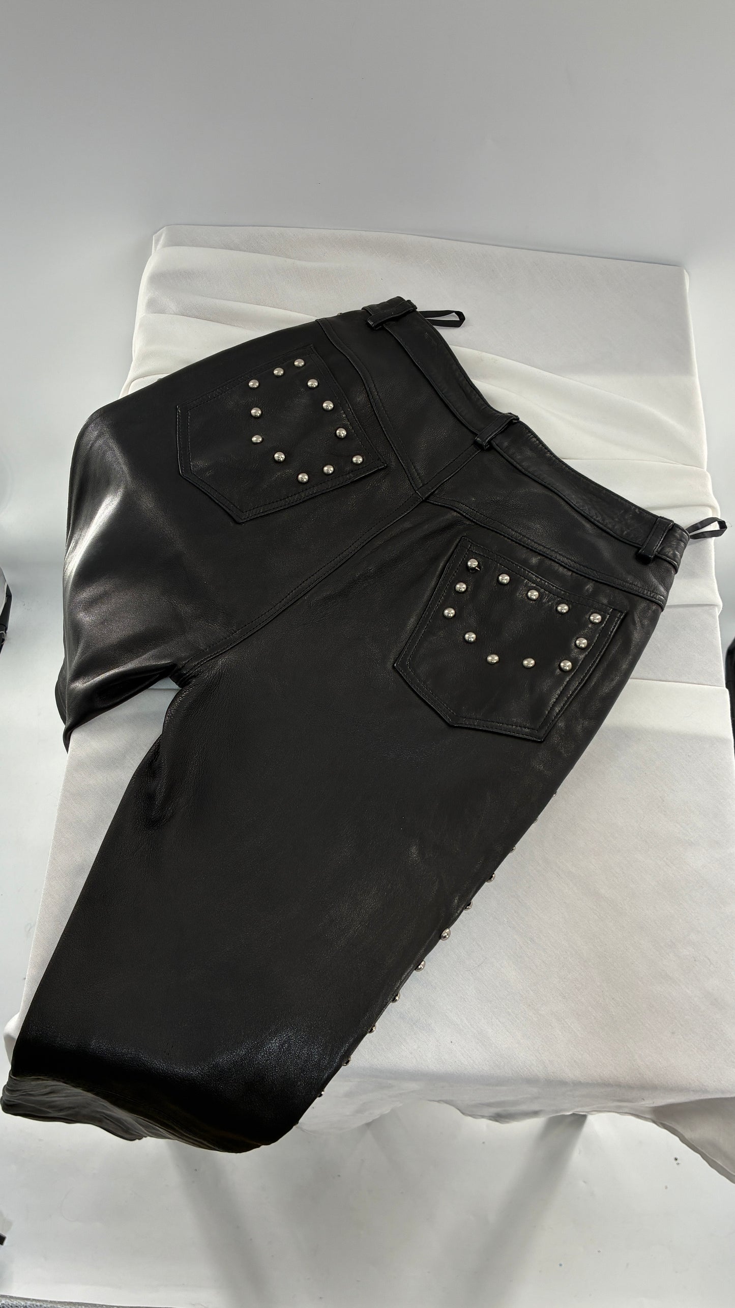 Vintage DKNY Genuine Leather Black Hip to Hem Studded Straight Legs (12)
