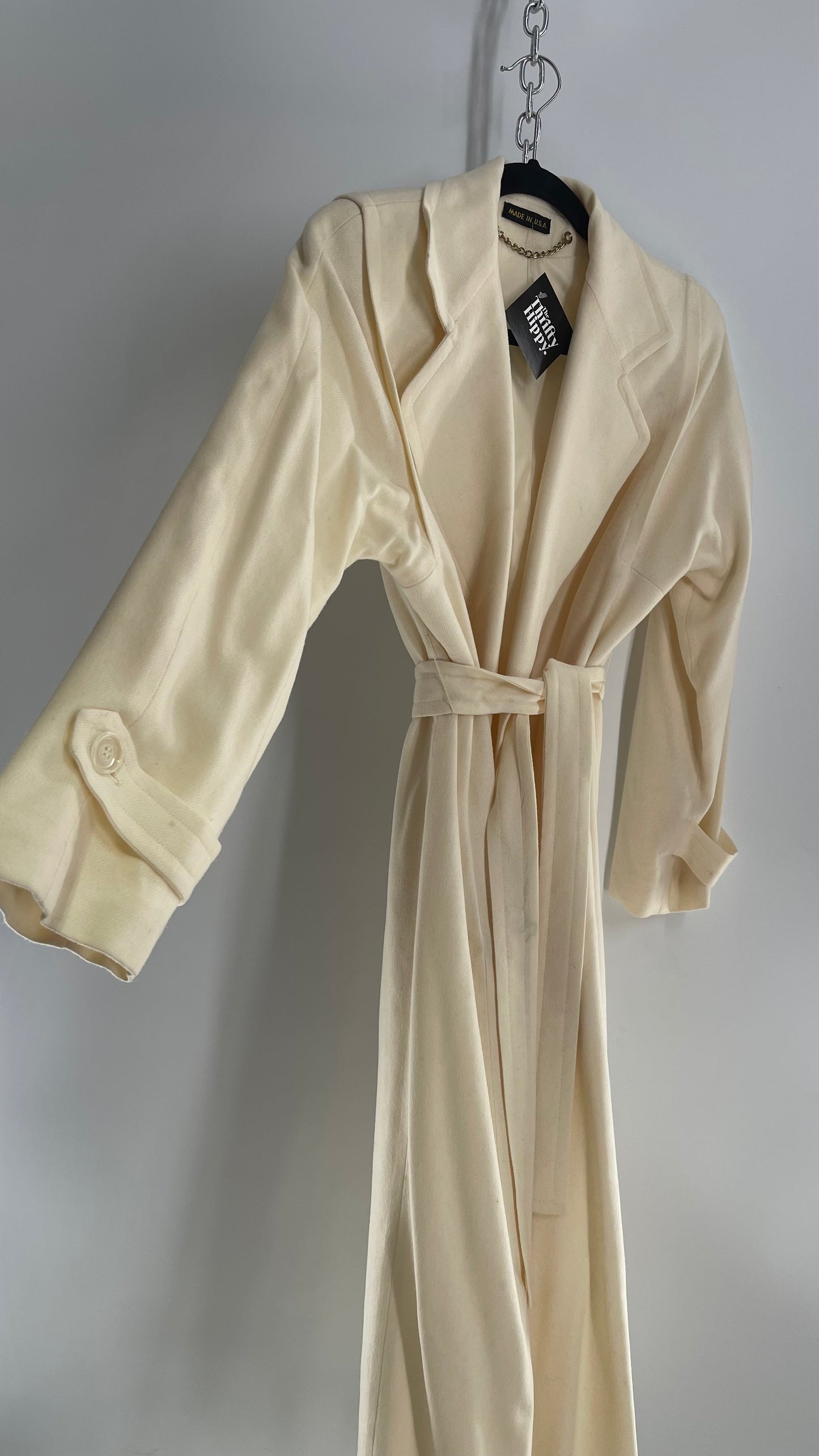 Vintage Sara Roberts Cream Ivory 100% Pure Wool Trench Duster Coat (Small)