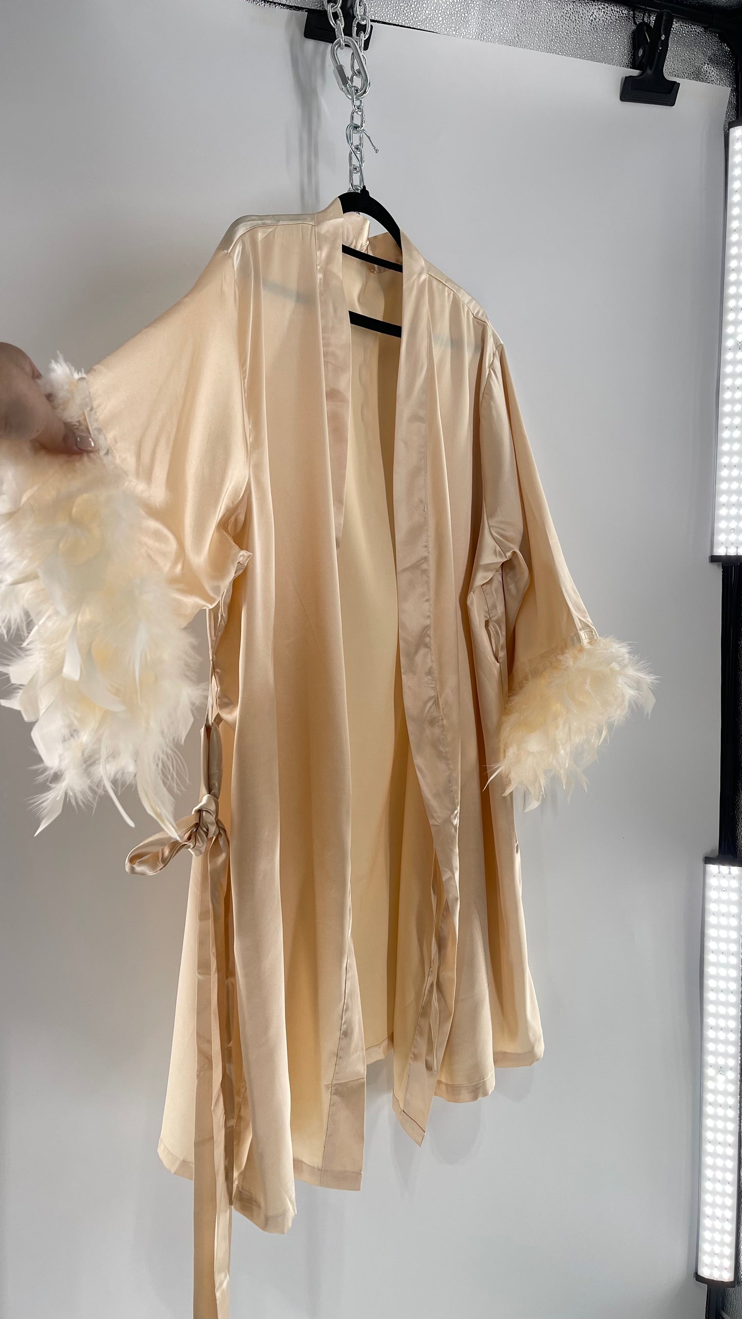 Champagne Satin Loungewear 2piece Set with Ostrich Feather Trim (3XL)