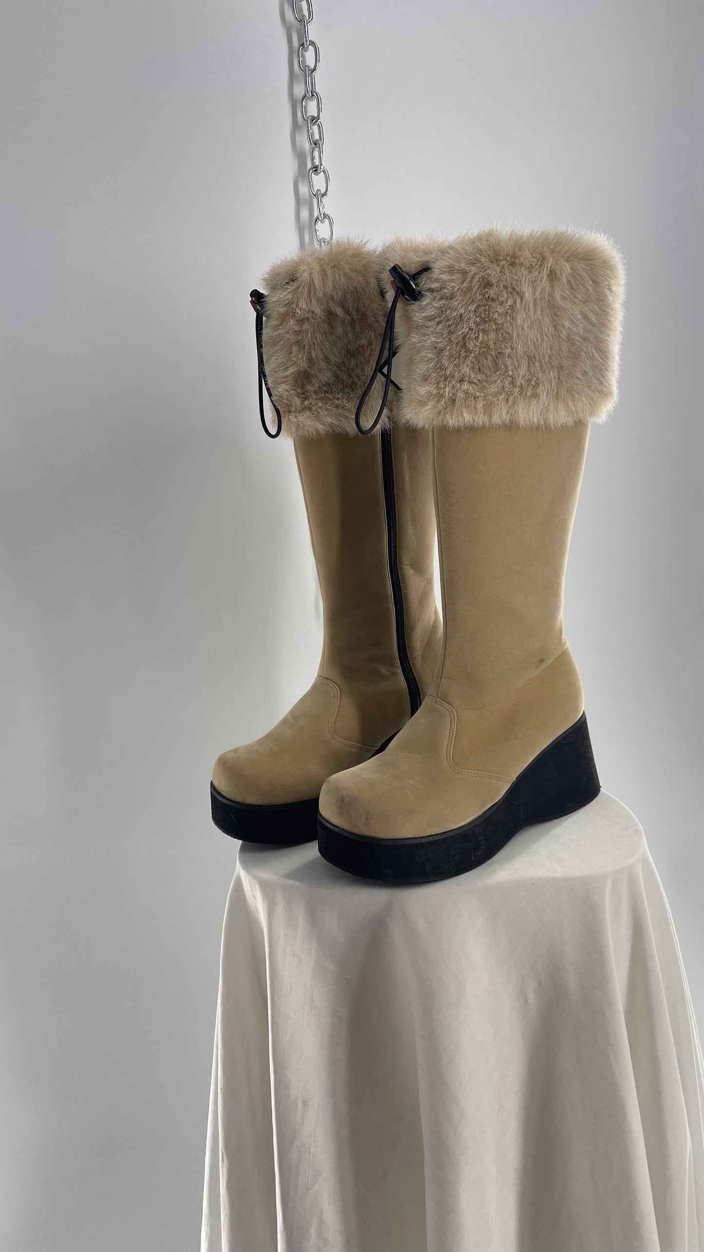 Vintage Faux Fur Trim Tan Platform Wedge Knee High Boots (6)