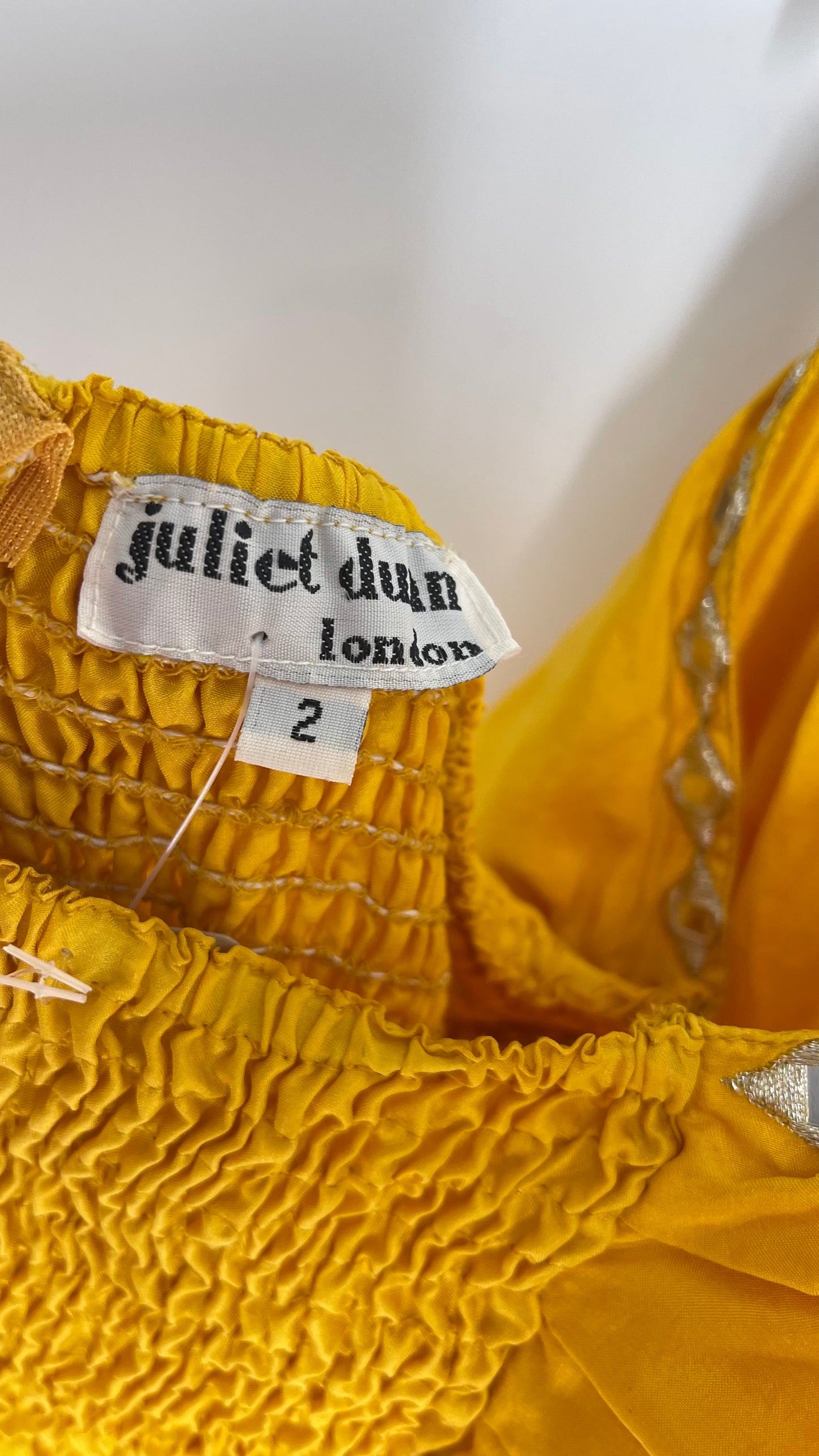 Vintage Juliet Dun Silky Yellow Tiered Dress with Mirror Details (2)