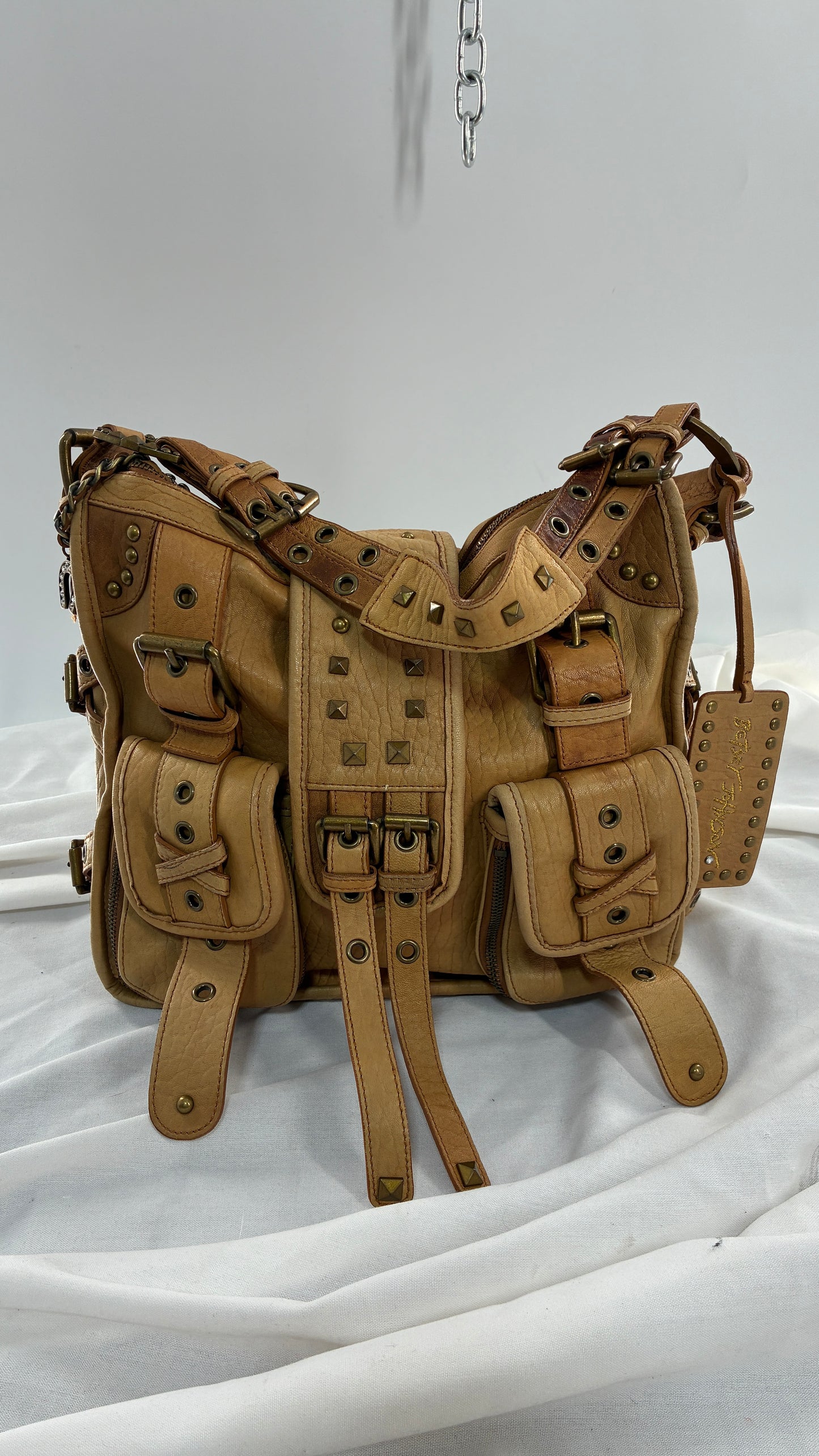 Rare Vintage BETSEY JOHNSON Heavy Leather, Oversized Shoulder Bag with Leopard Lining