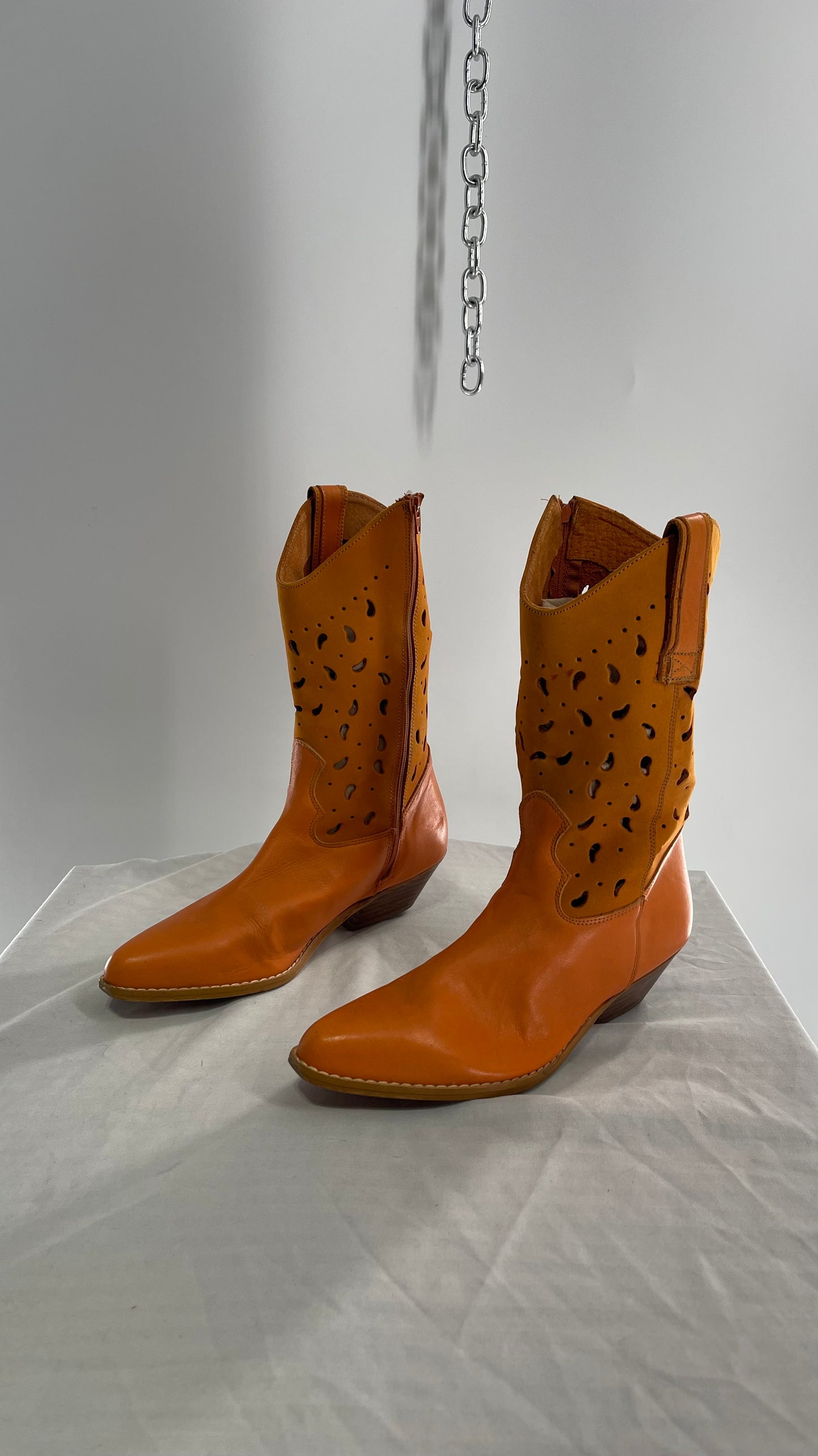 Vintage Santa Barbara Orange Leather Made in Spain Pointed Toe Cowboy Boots (8)