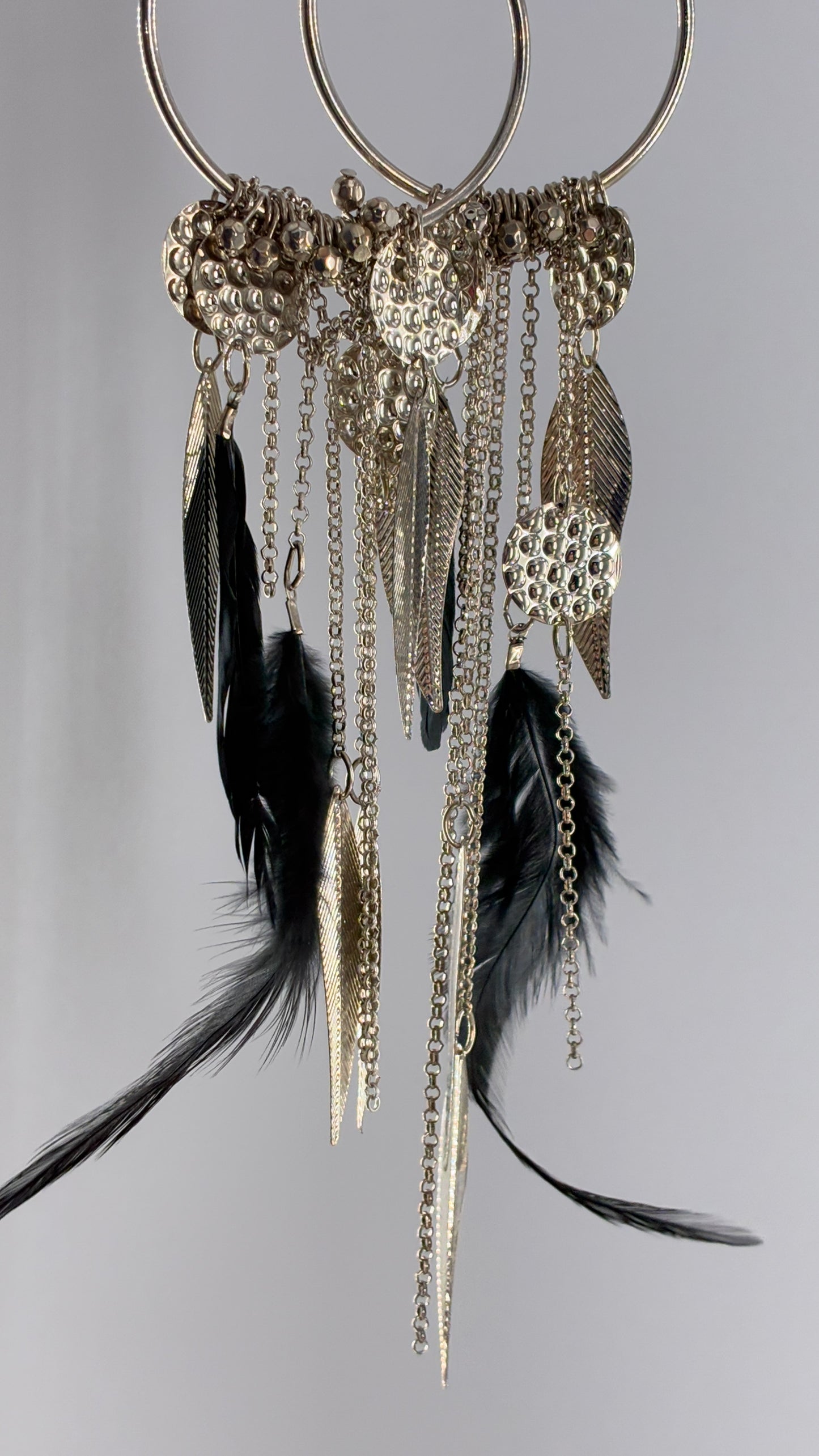 Vintage Hoop Earring with Chains, Feathers and Silver Metal Coins
