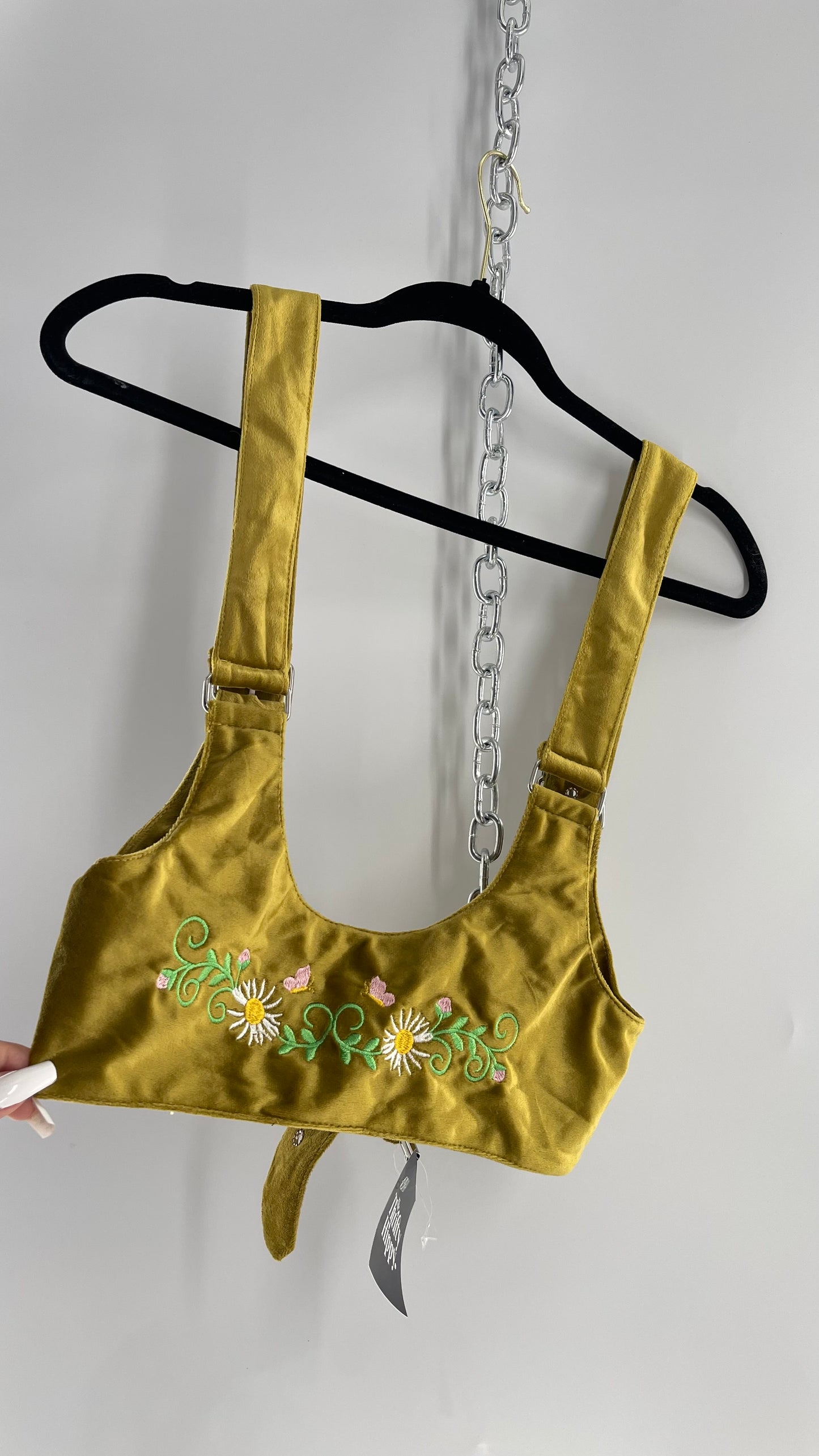 Urban Outfitters Greenish Gold Velour Body Harness with Embroidered Daisies and Butterflies (Large)